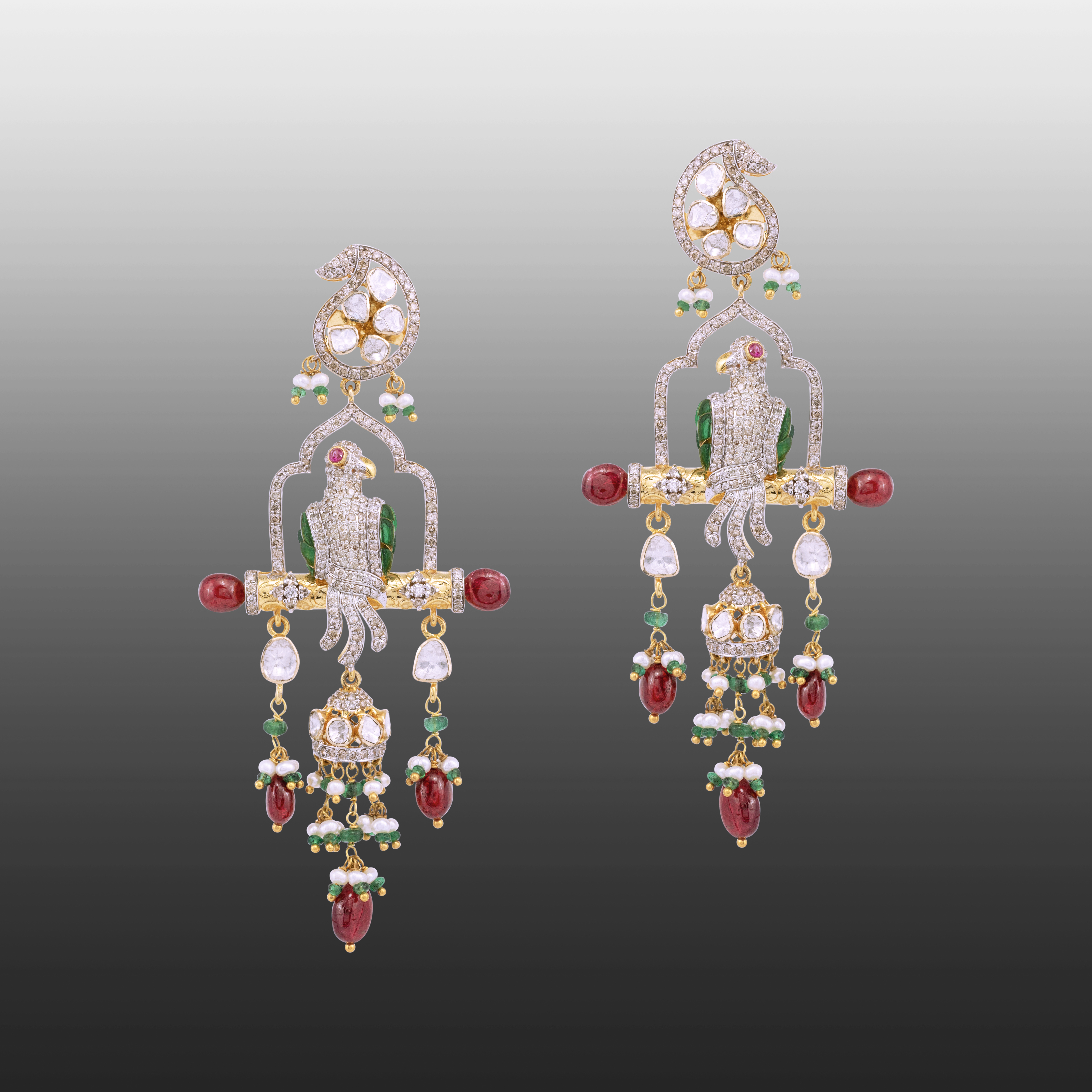 Bird Motif Earrings with Spinel and Emeralds
