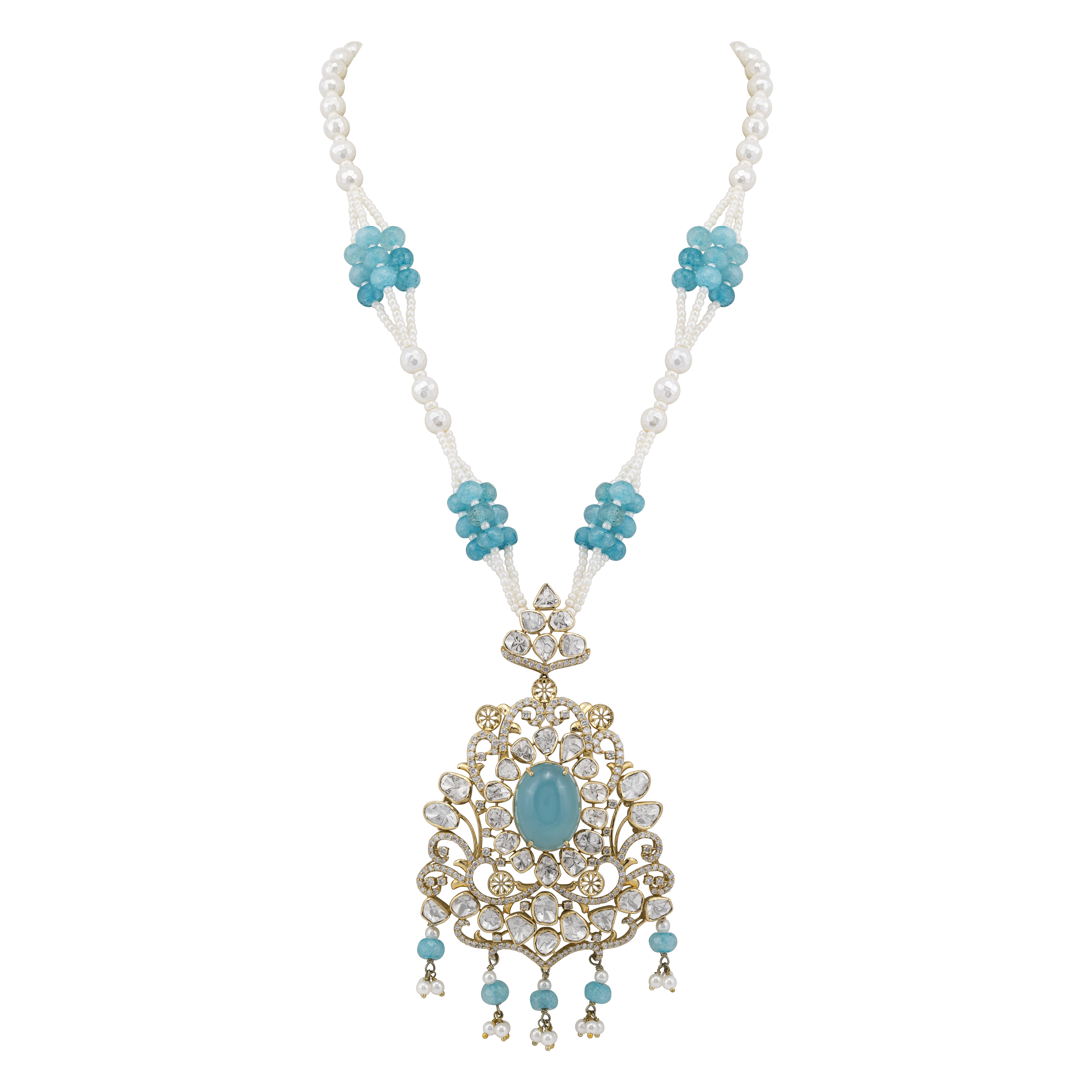 Aqua Pendant Necklace with Pearl and Polki Details