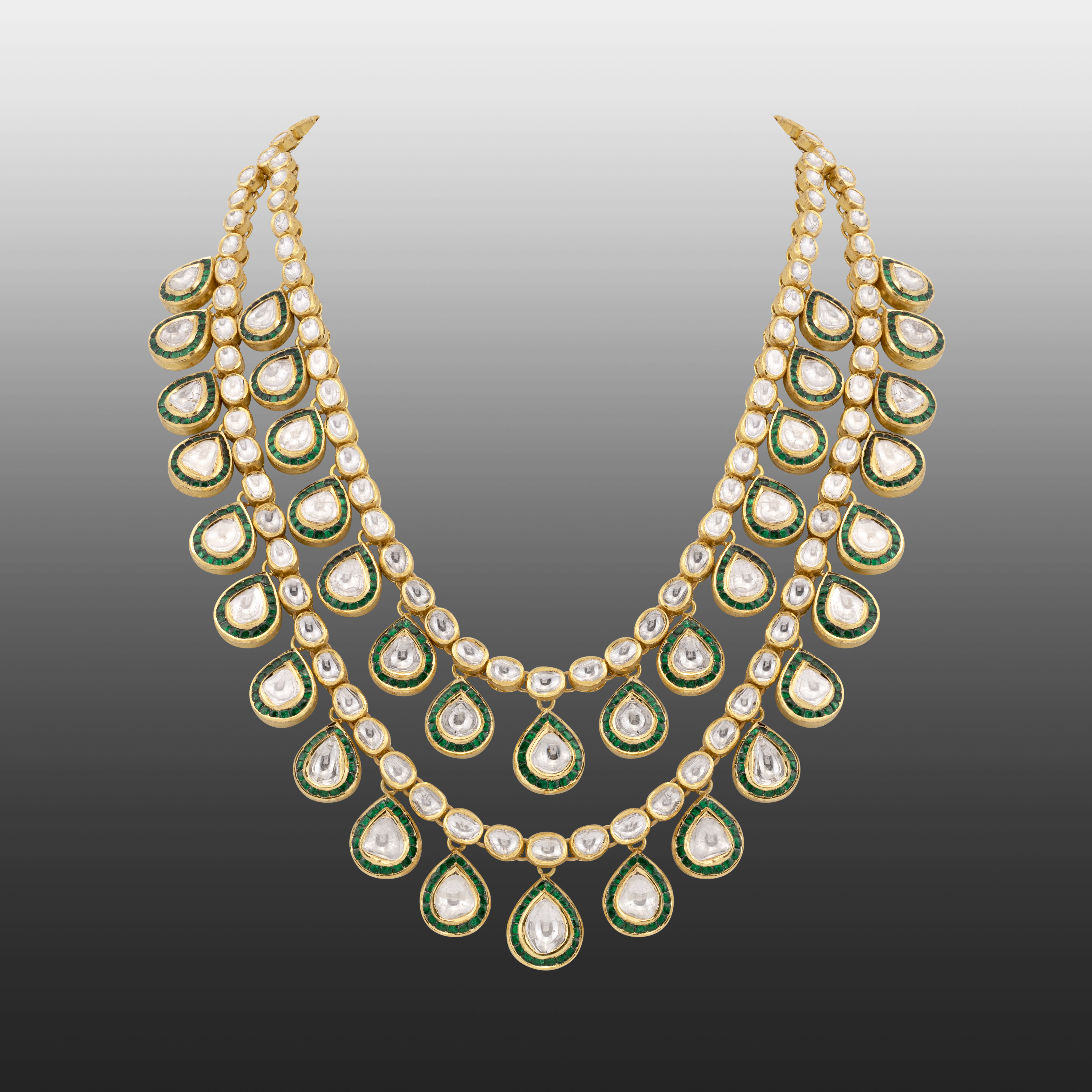 Double-Layered Uncut Diamond Polki Necklace with Green Enamel Border