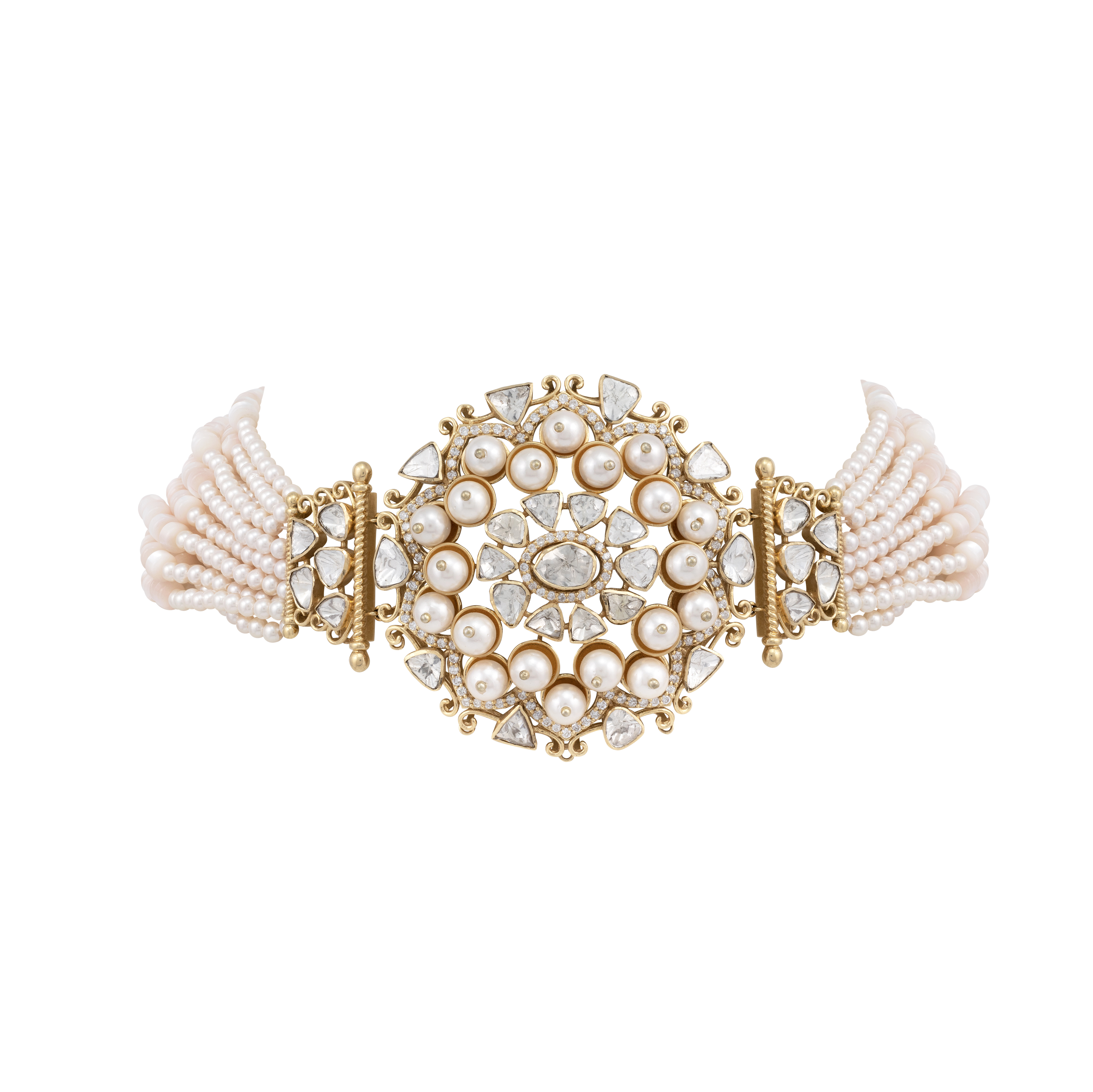 Filigree Pearl Choker with Polki and Full-Cut Diamond