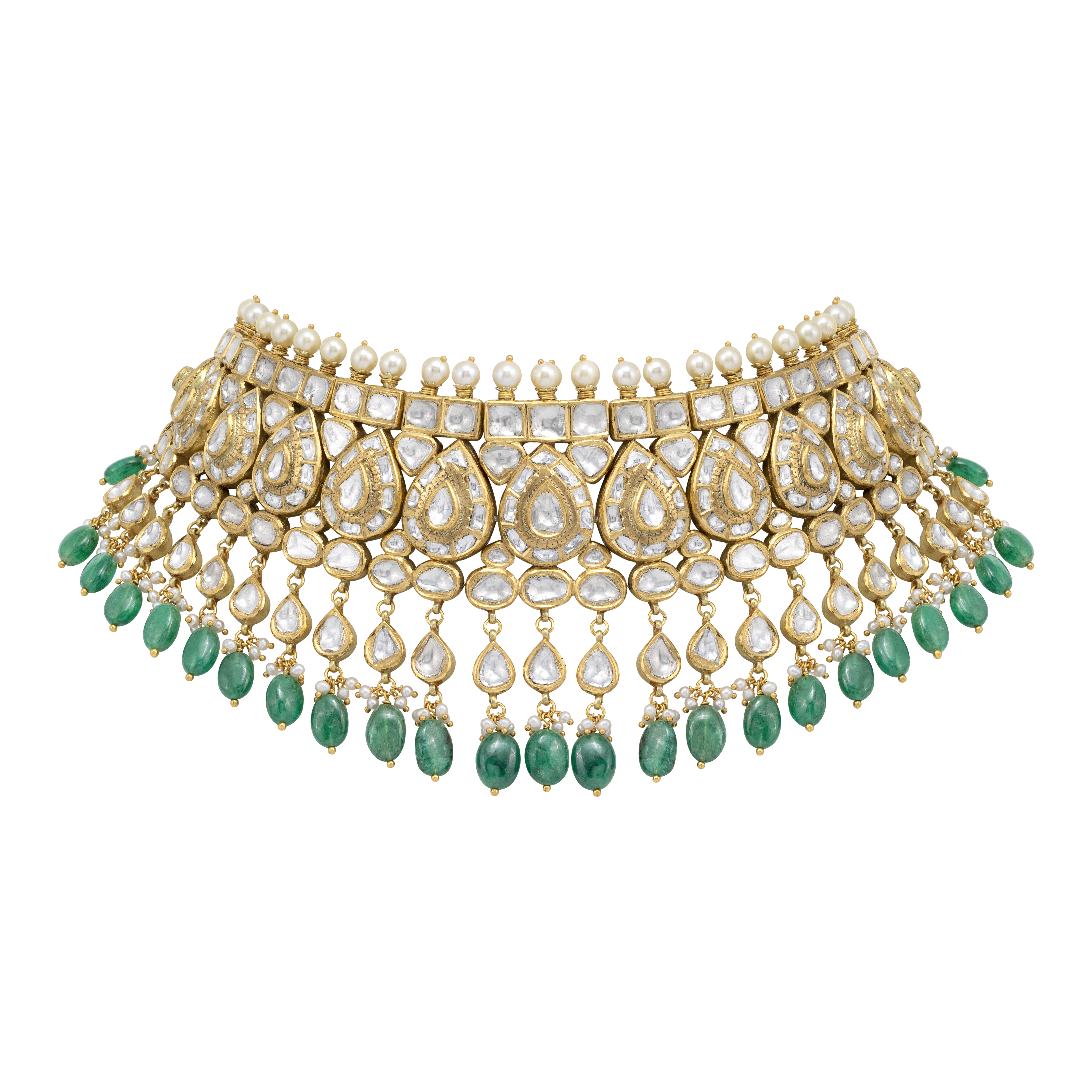 Bridal Pear Polki Choker with Emerald Maniya and Pearl Fungar