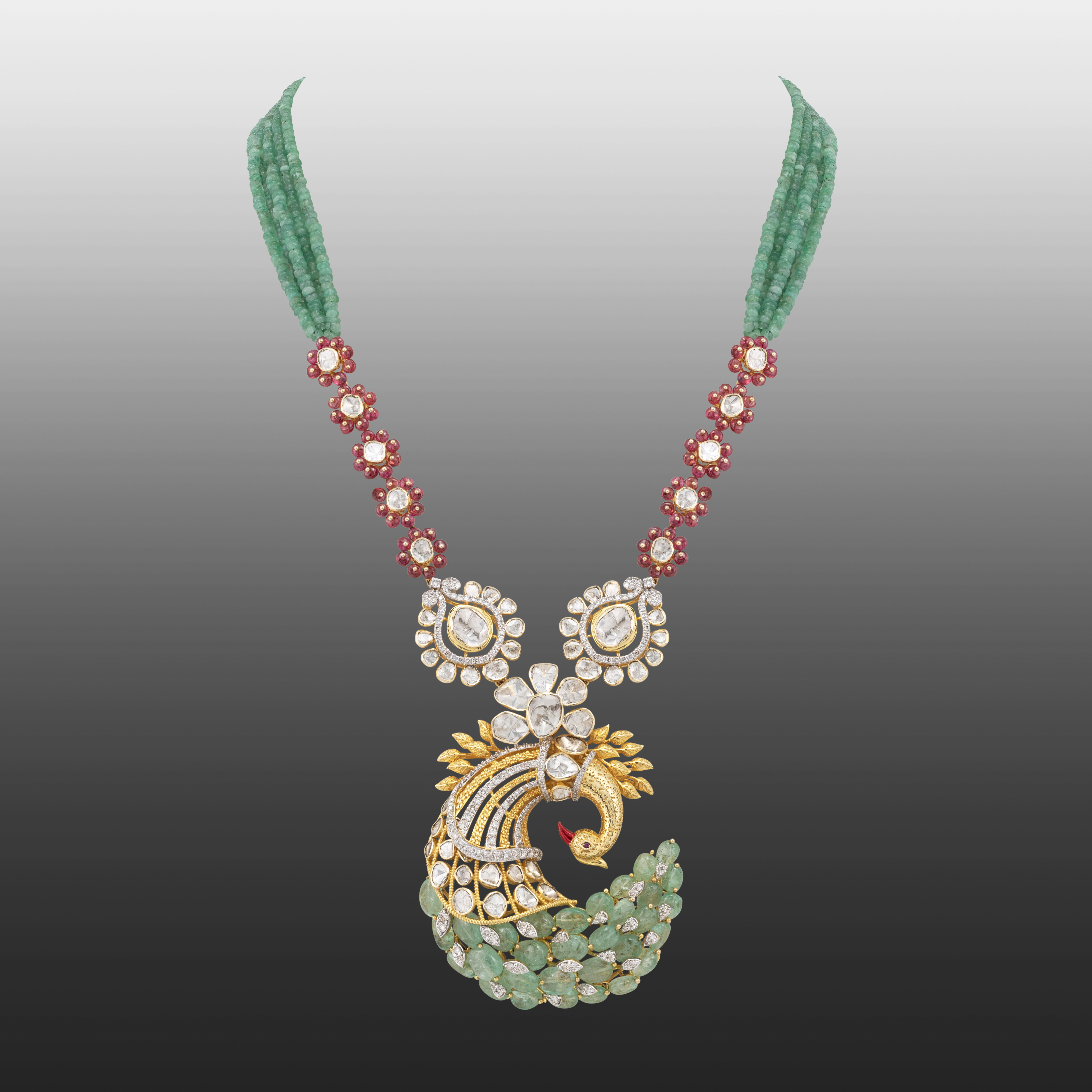 Ruby and Emerald Peacock Pendant Necklace