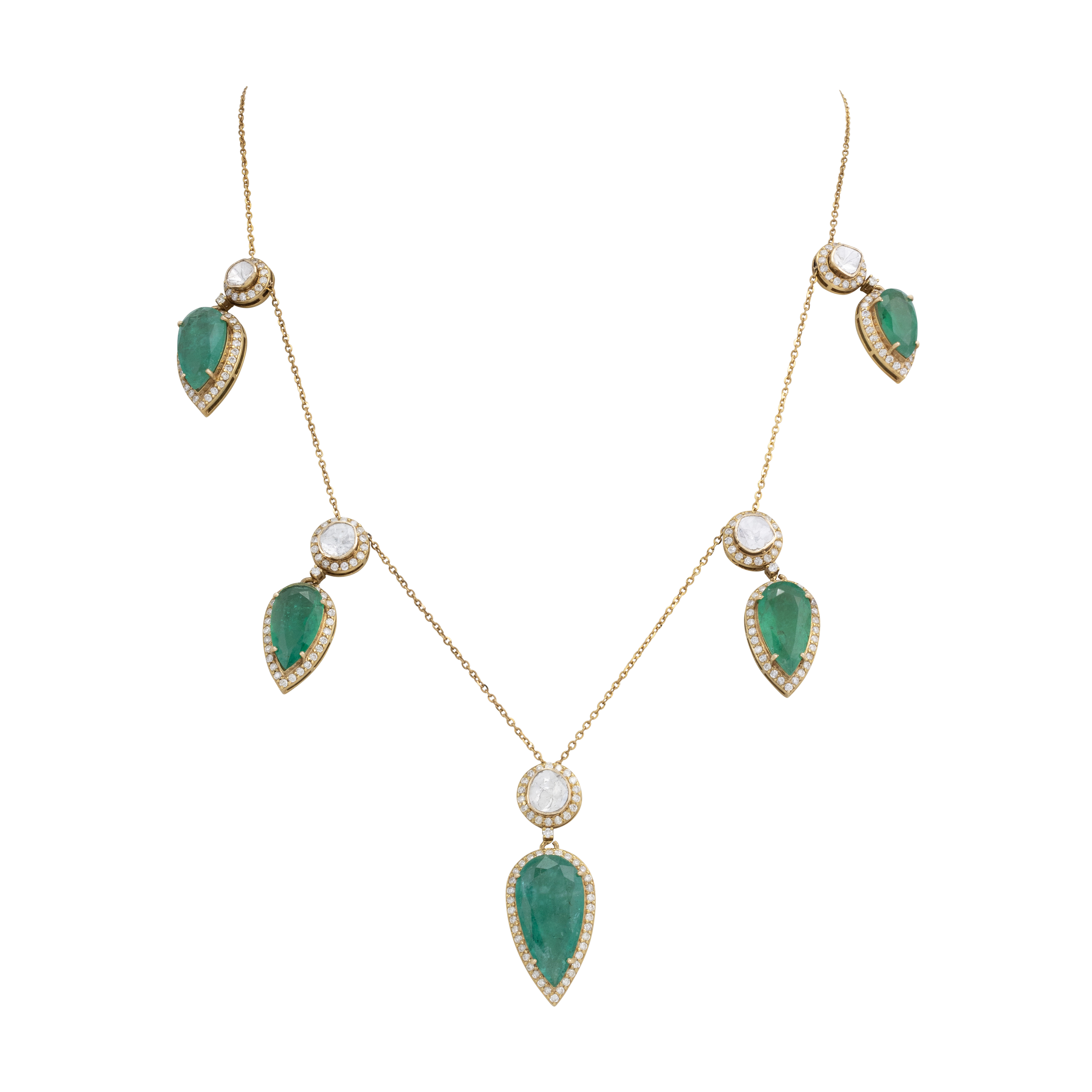 Gold Chain Necklace with Pear-Shaped Emerald and Polki Charms