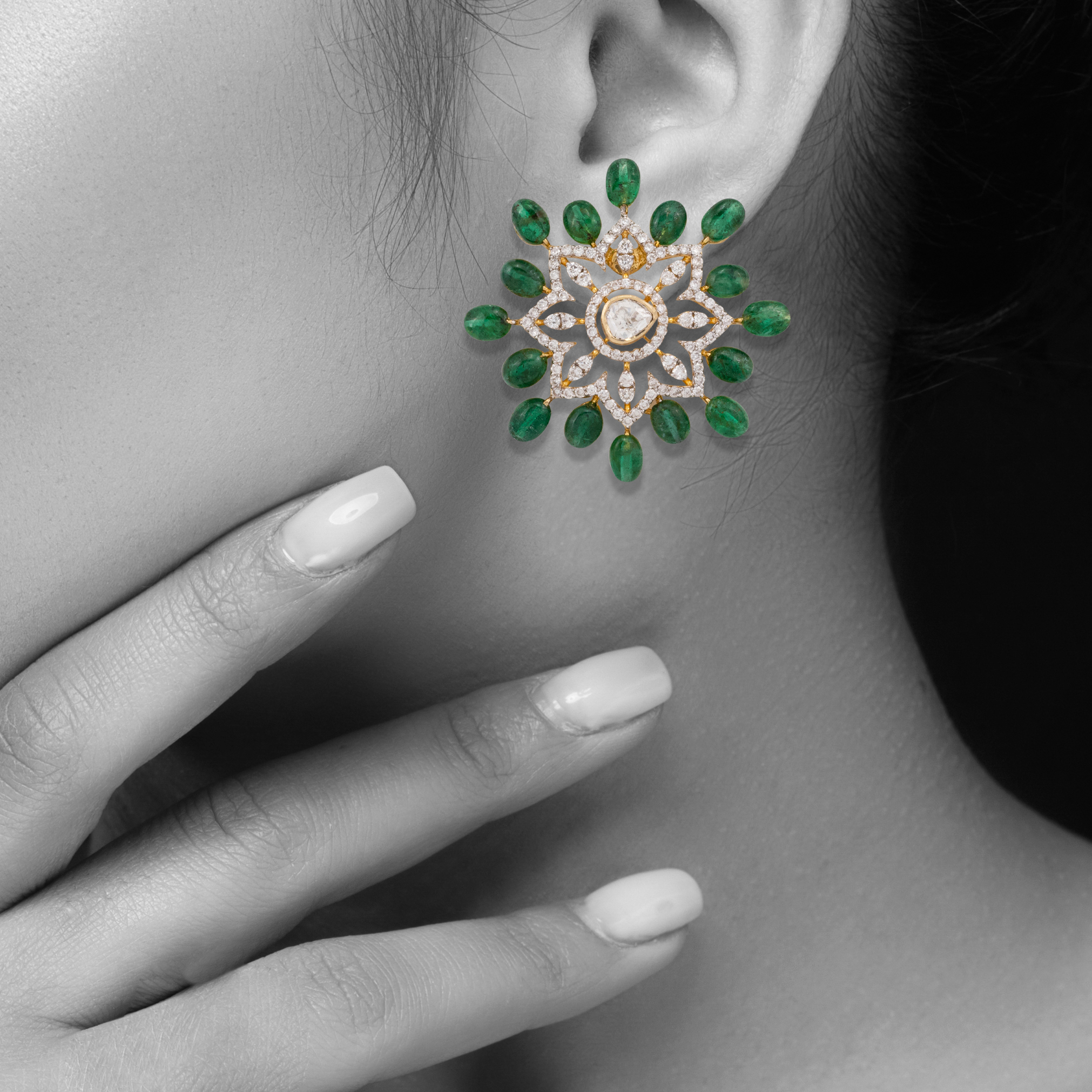 Floral Diamond Studs with Emerald Bead Accents