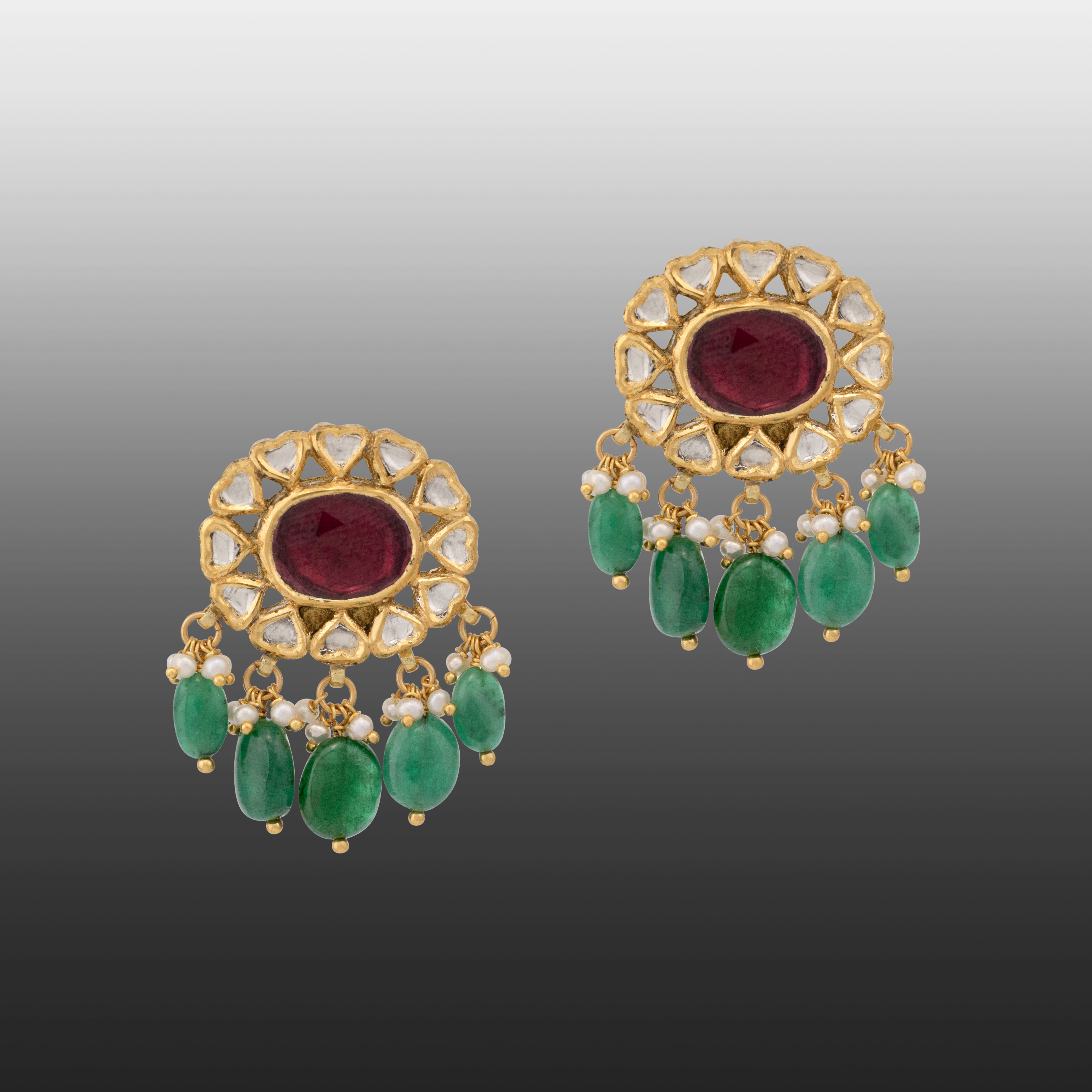 Floral Polki Earring with Ruby Centre and Emerald Drops