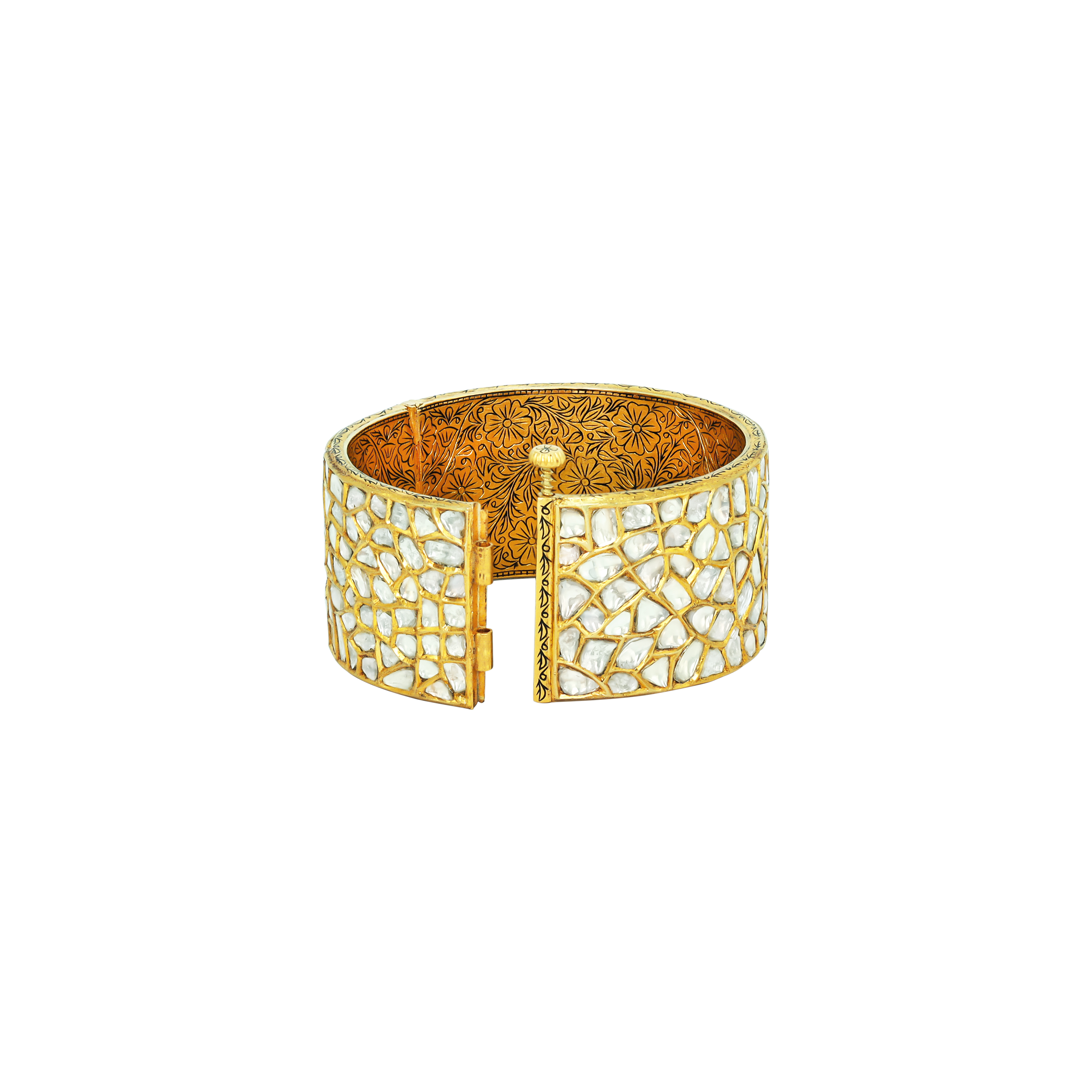 Raw Polki Cluster Bangle with Floral Etched Inner Band