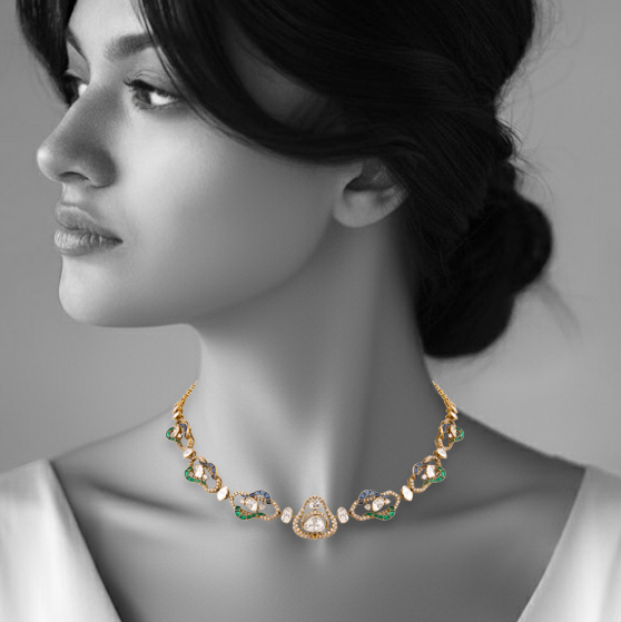 Polki Necklace with Blue-Green Talaf and Linked Motifs