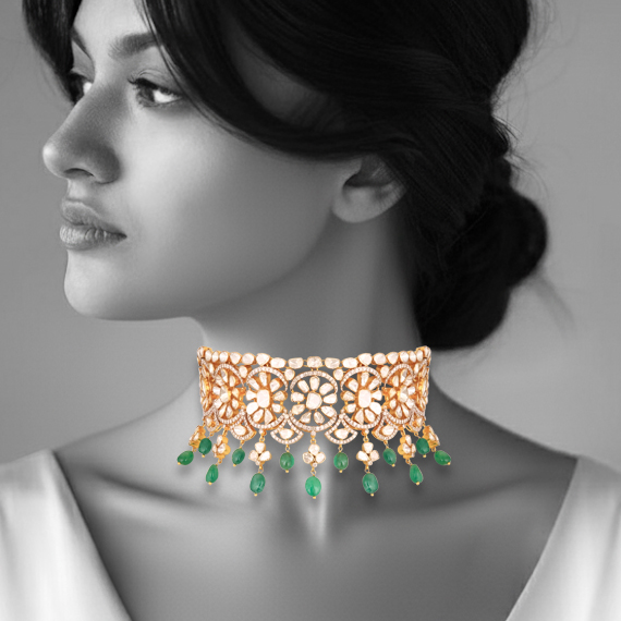 Floral Polki Choker with Emerald Beads