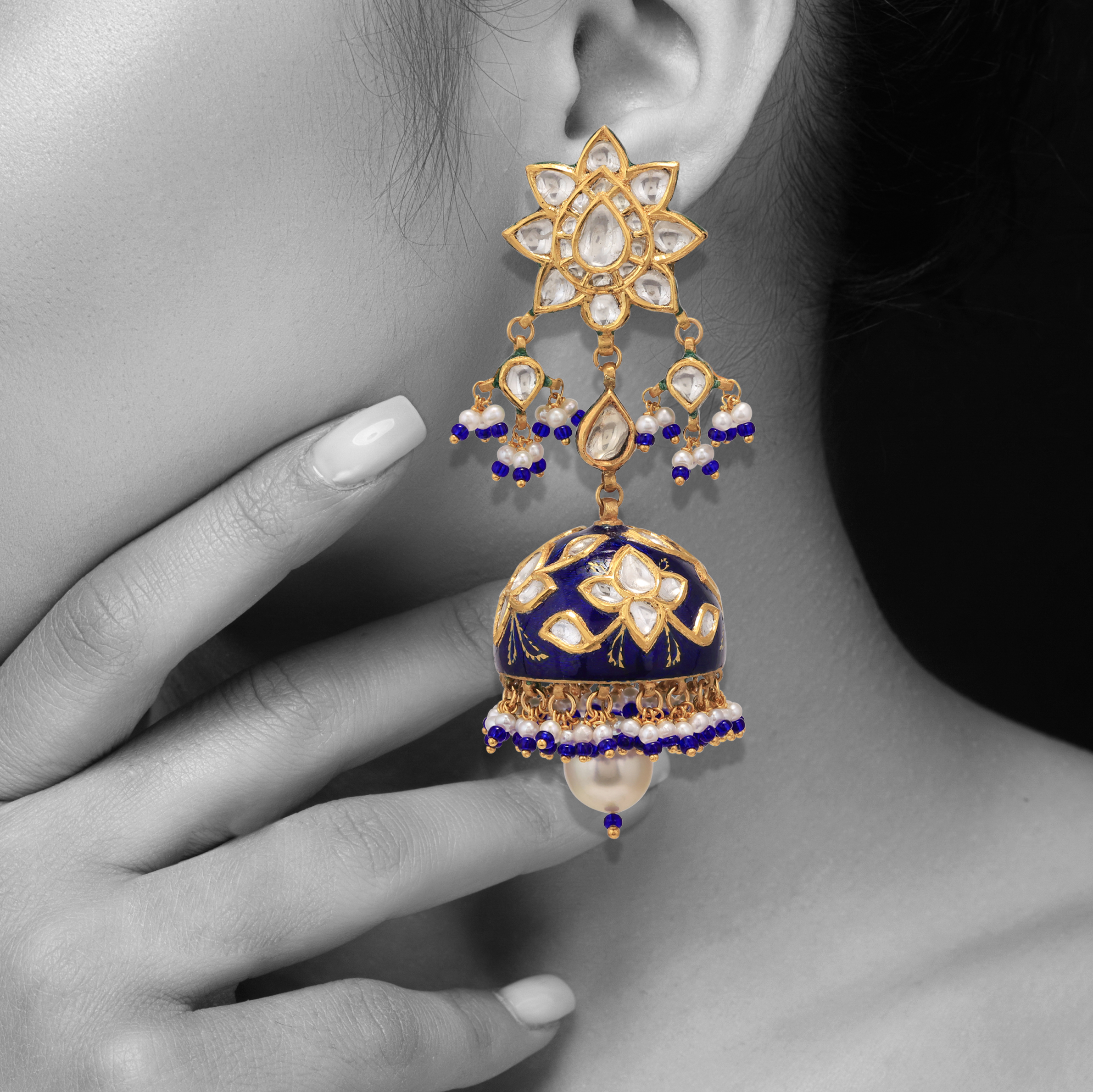 Blue Meenakari Jhumki with Polki and South Sea Pearl Drop