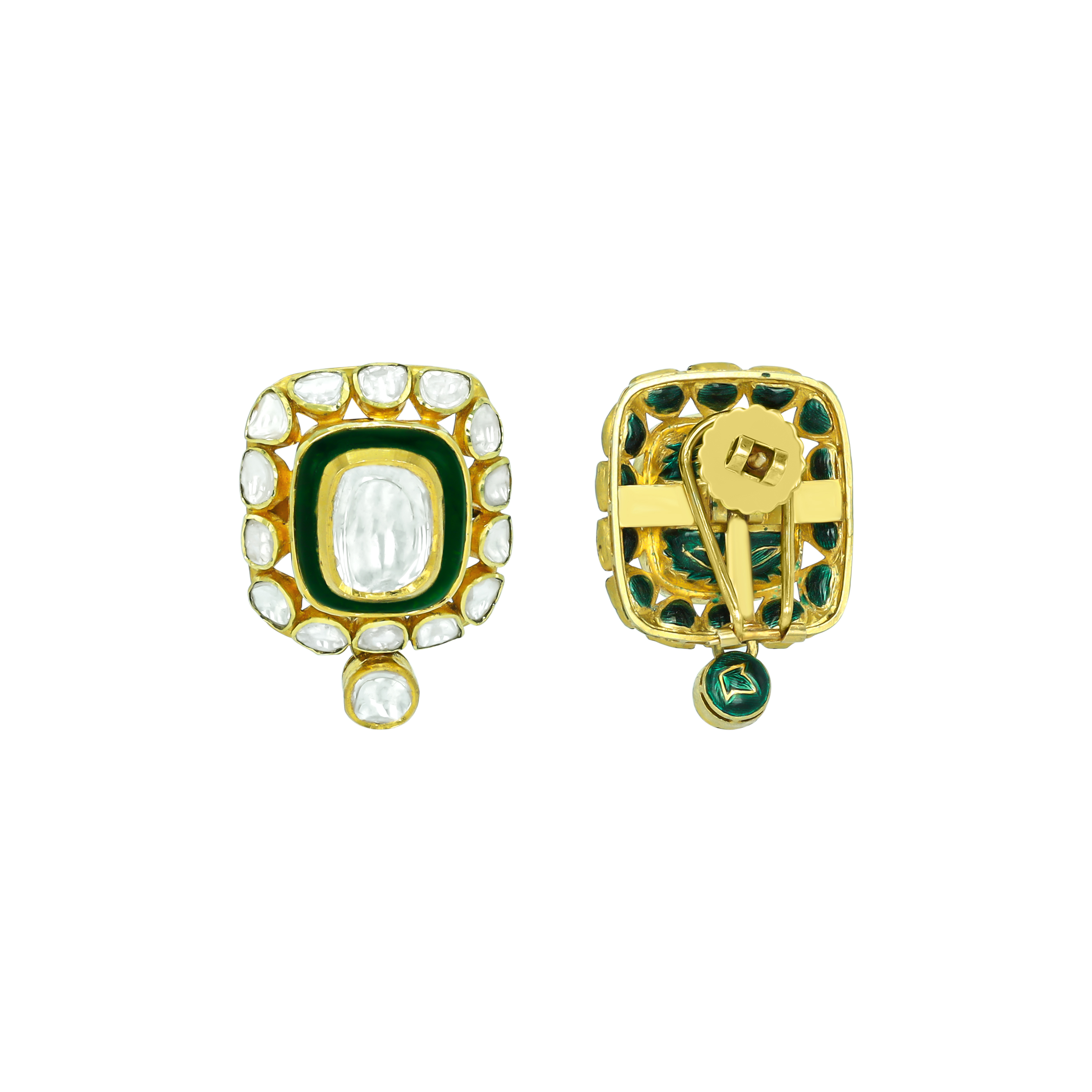 Polki Stud Earrings with Green Enamel Border and Drop Accent