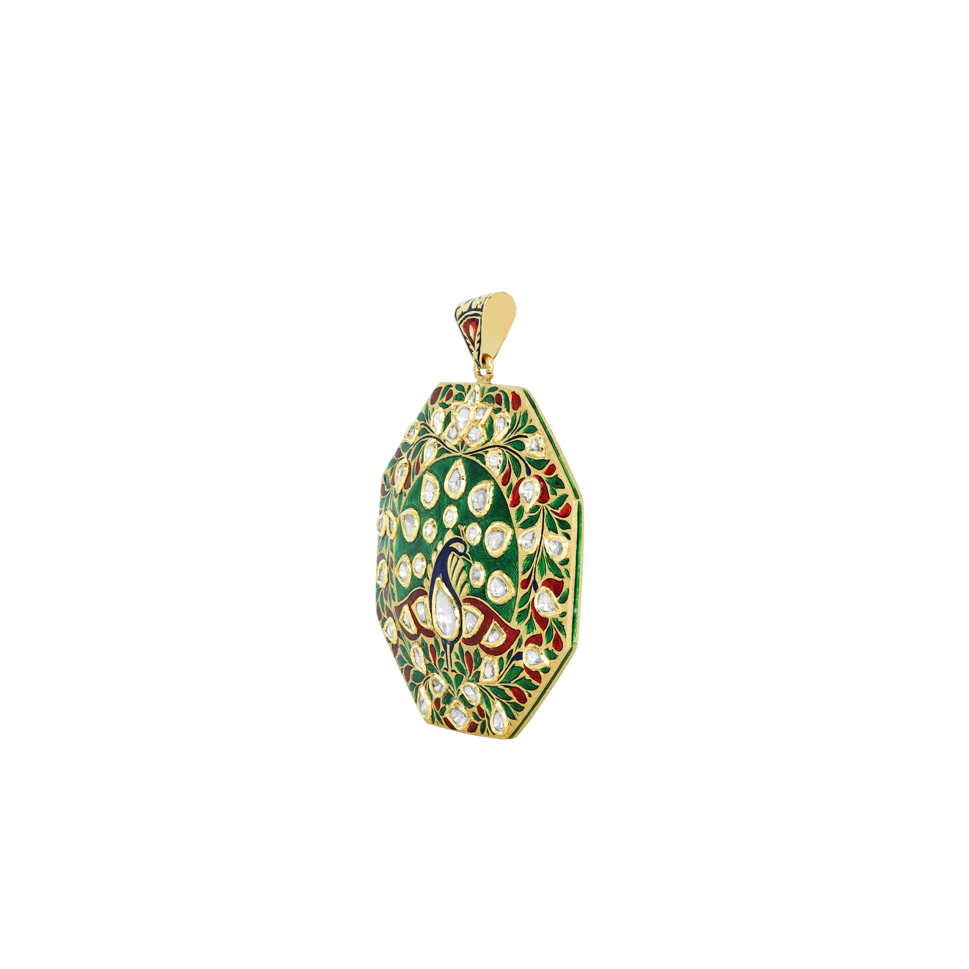 Dual- Sided Polki Pendant with Intricate Floral Enamel