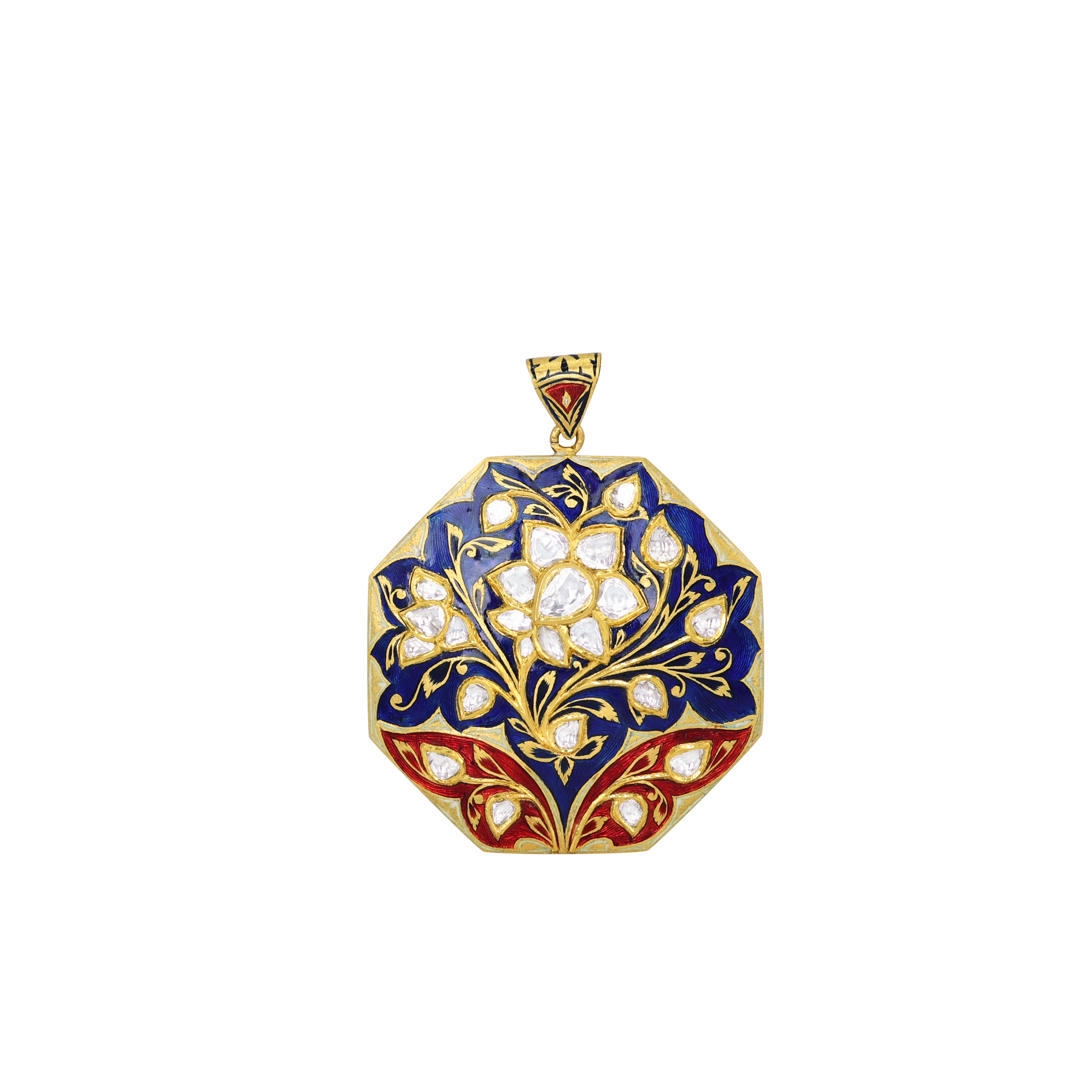 Dual- Sided Polki Pendant with Intricate Floral Enamel