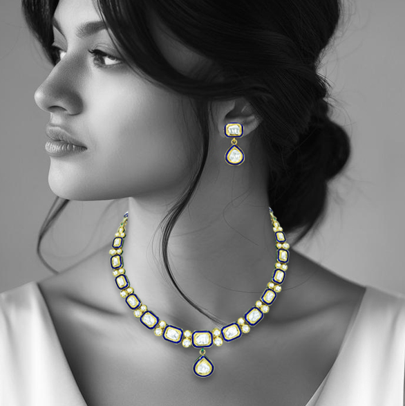 Square and Teardrop Polki Necklace with Blue Meena