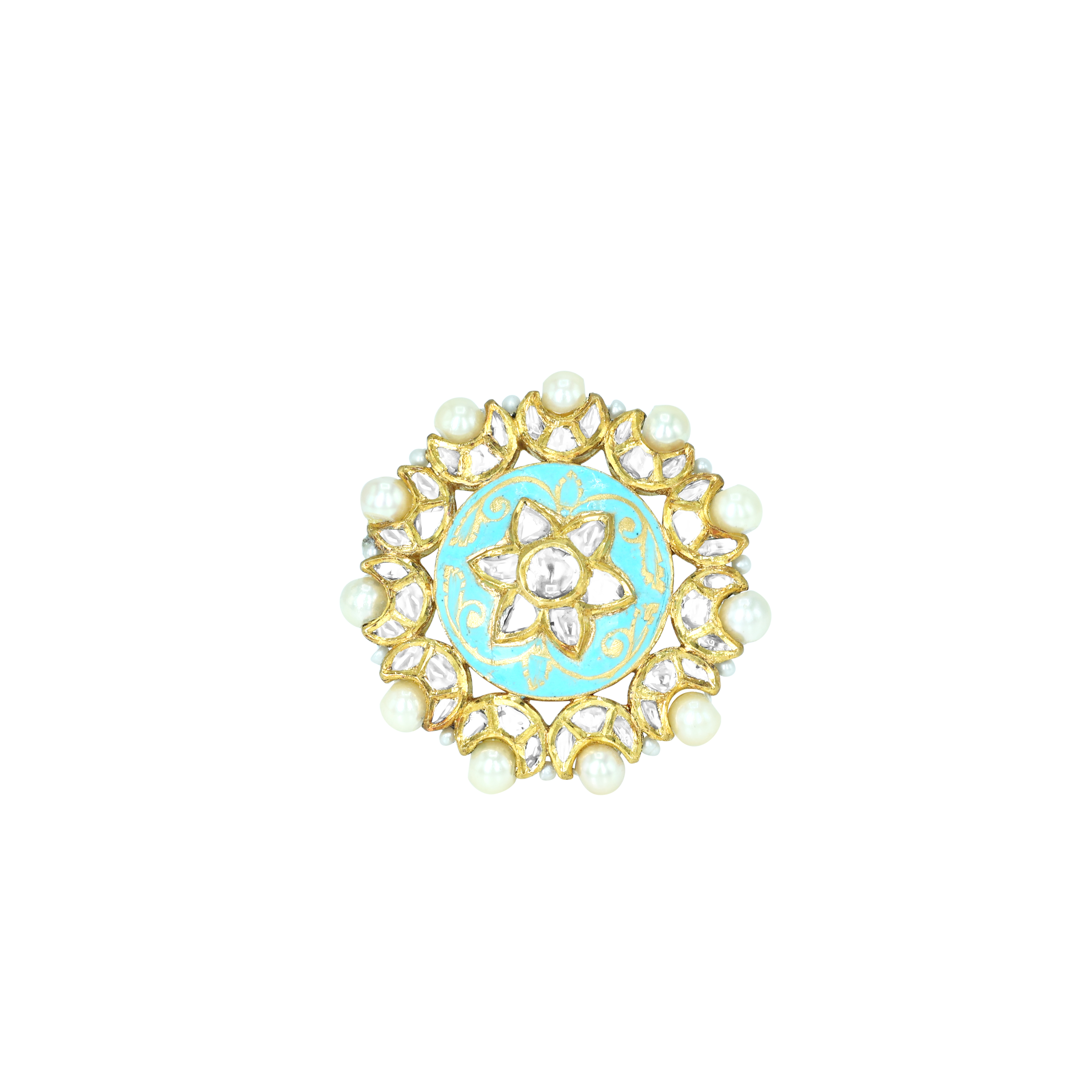 Turquoise Meena Polki Floral Ring with Pearls