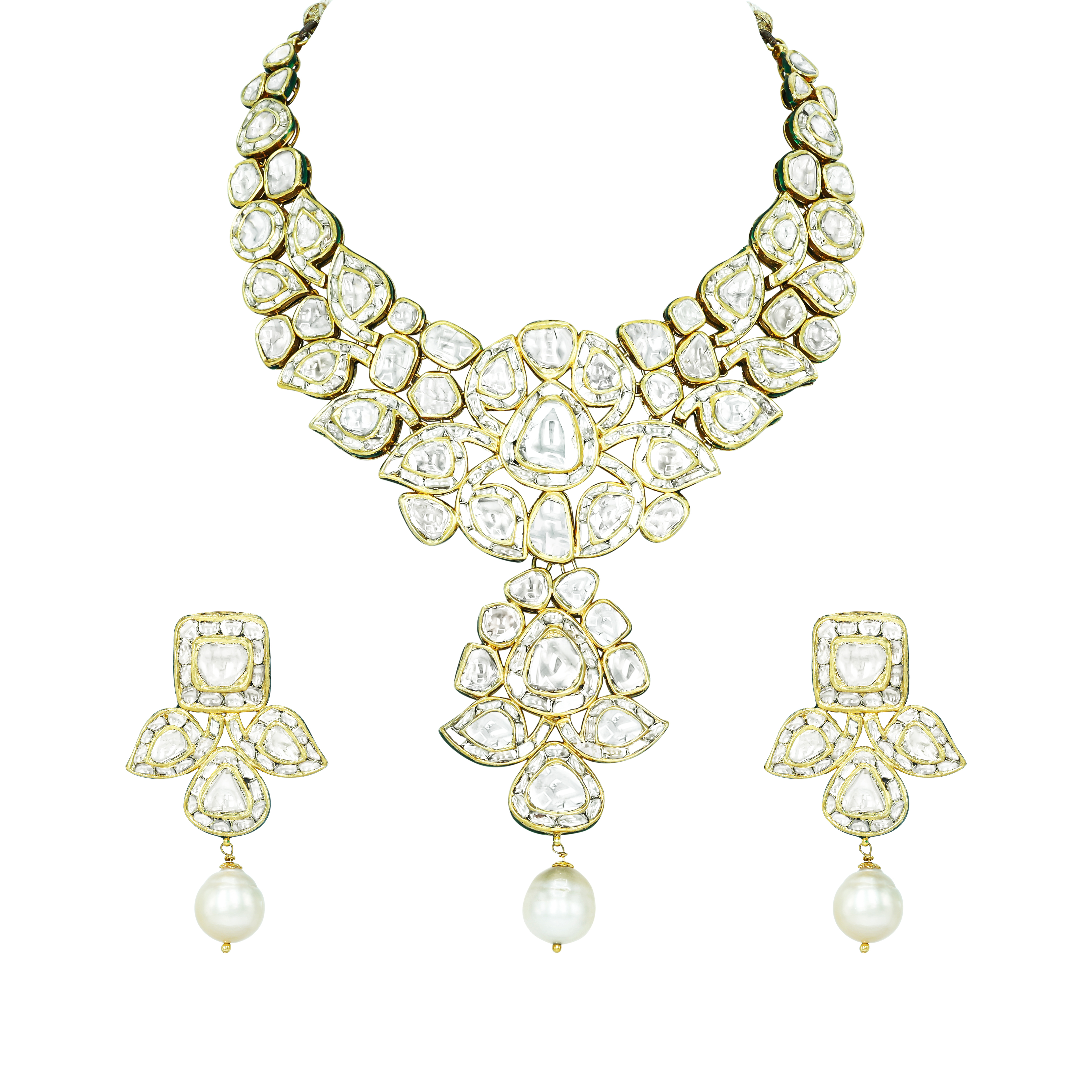 Asymmetrical Polki Necklace Set with Green Enamel and Pearl Drop