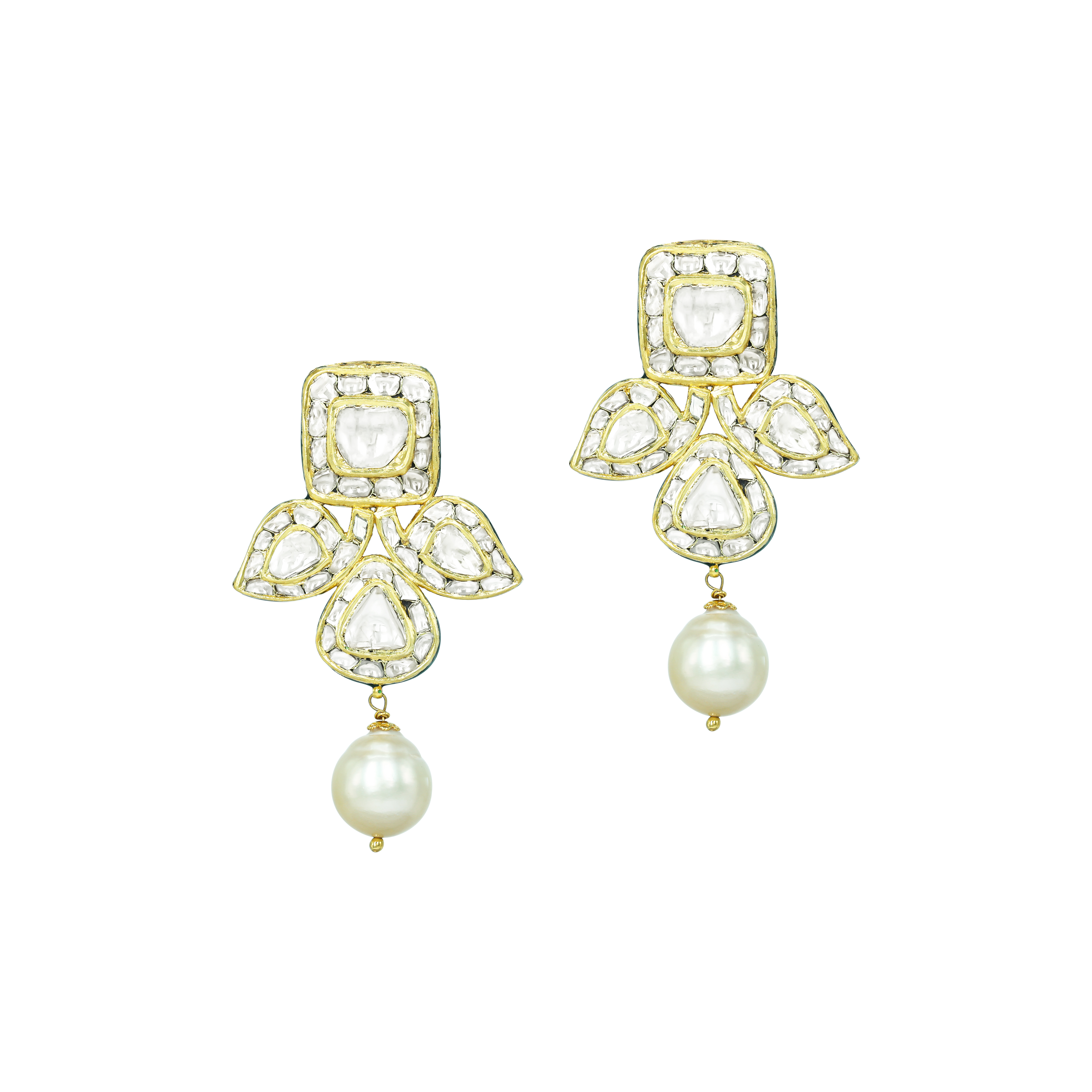 Asymmetrical Polki Necklace Set with Green Enamel and Pearl Drop