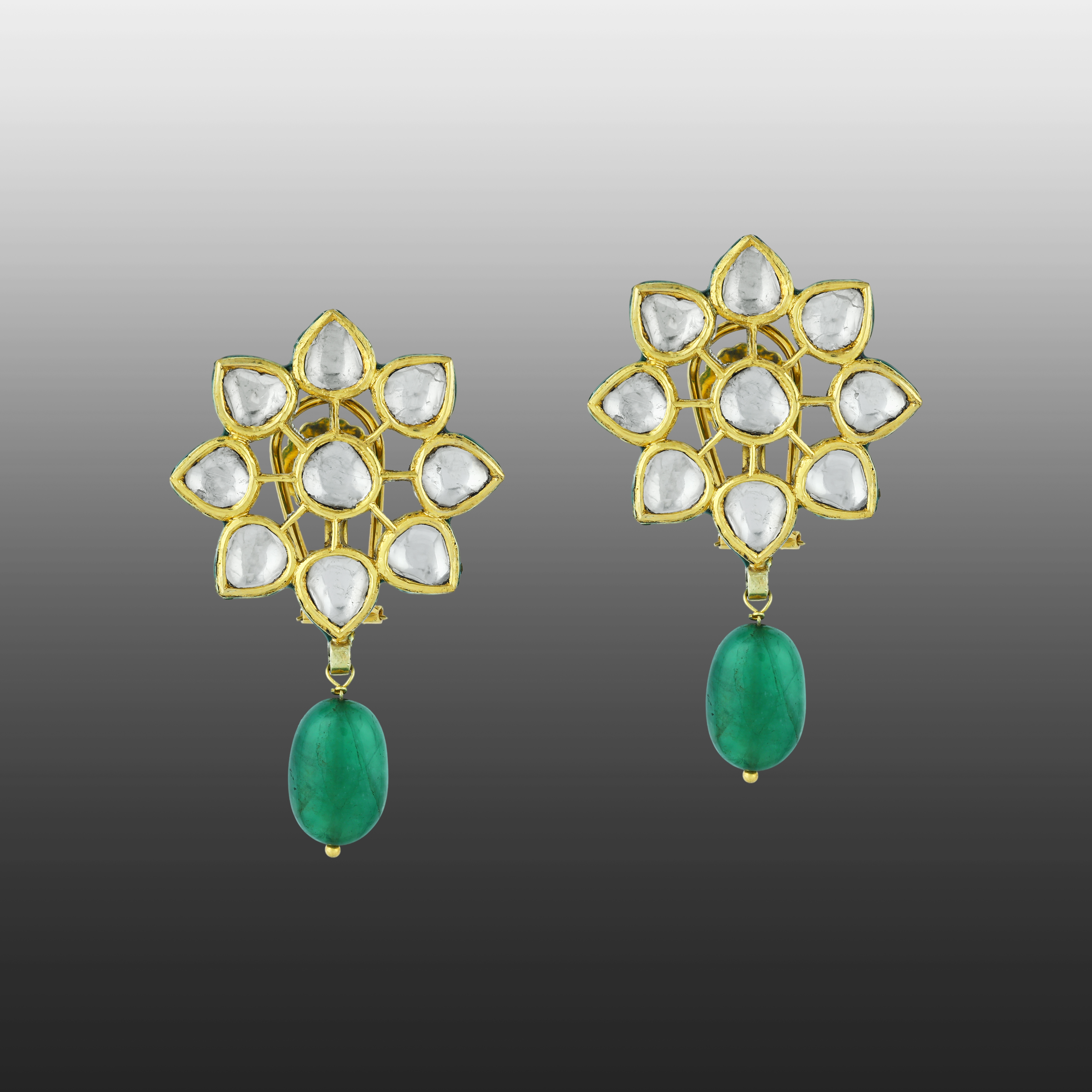 Polki Floral Stud Earrings with Emerald Drop