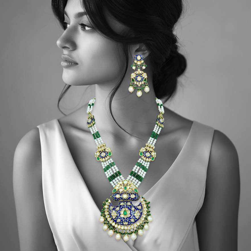 Pankhi-Style Polki Necklace with Blue Enamel and Emerald Accents