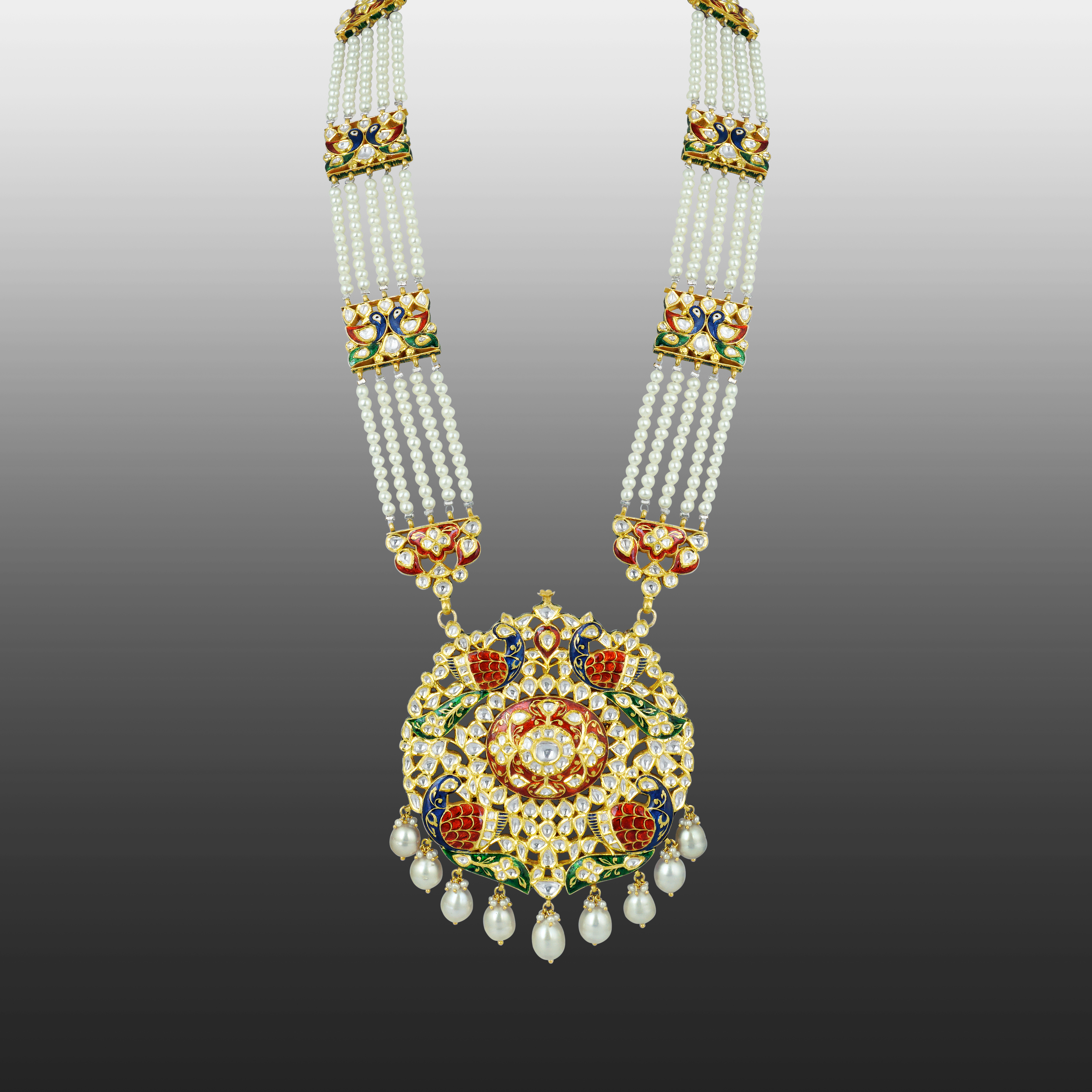 Peacock Pendant Necklace with Polki and Multi-Layered Pearls