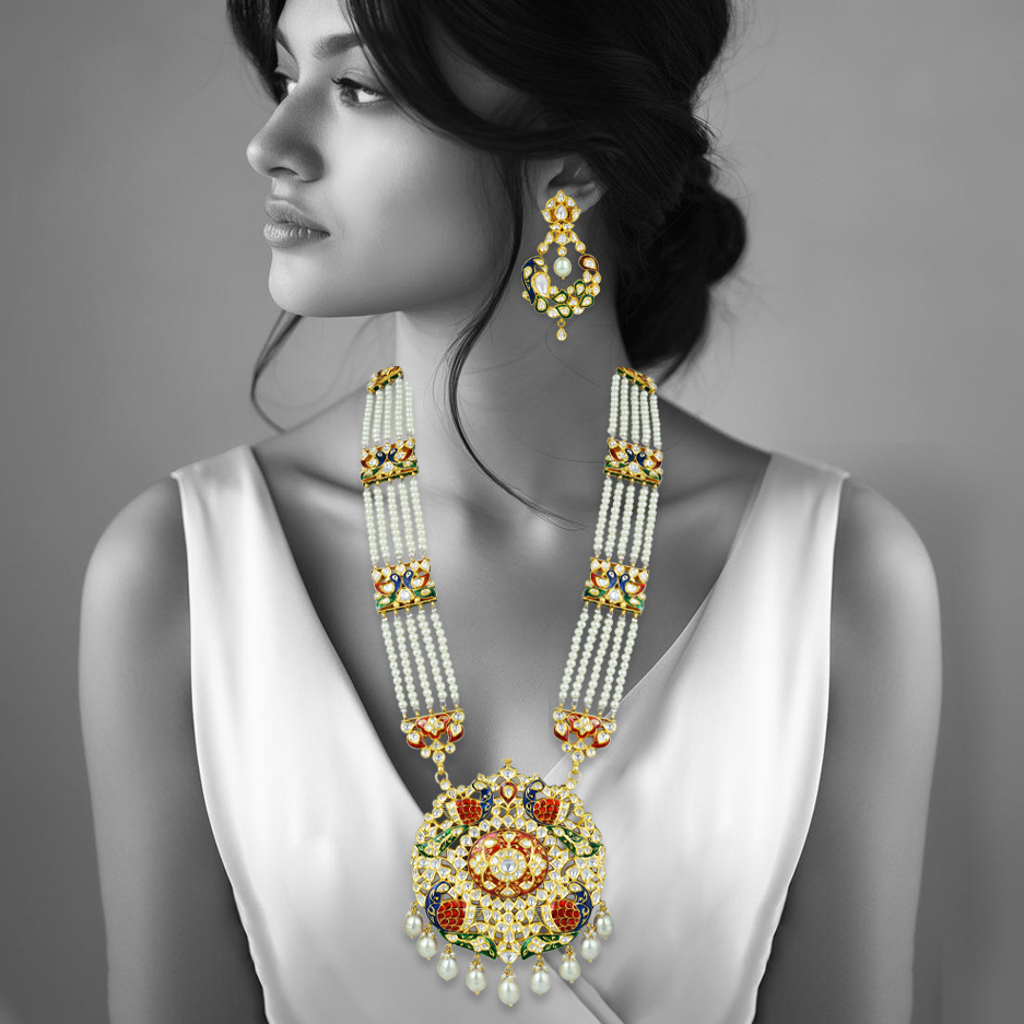 Peacock Pendant Necklace with Polki and Multi-Layered Pearls