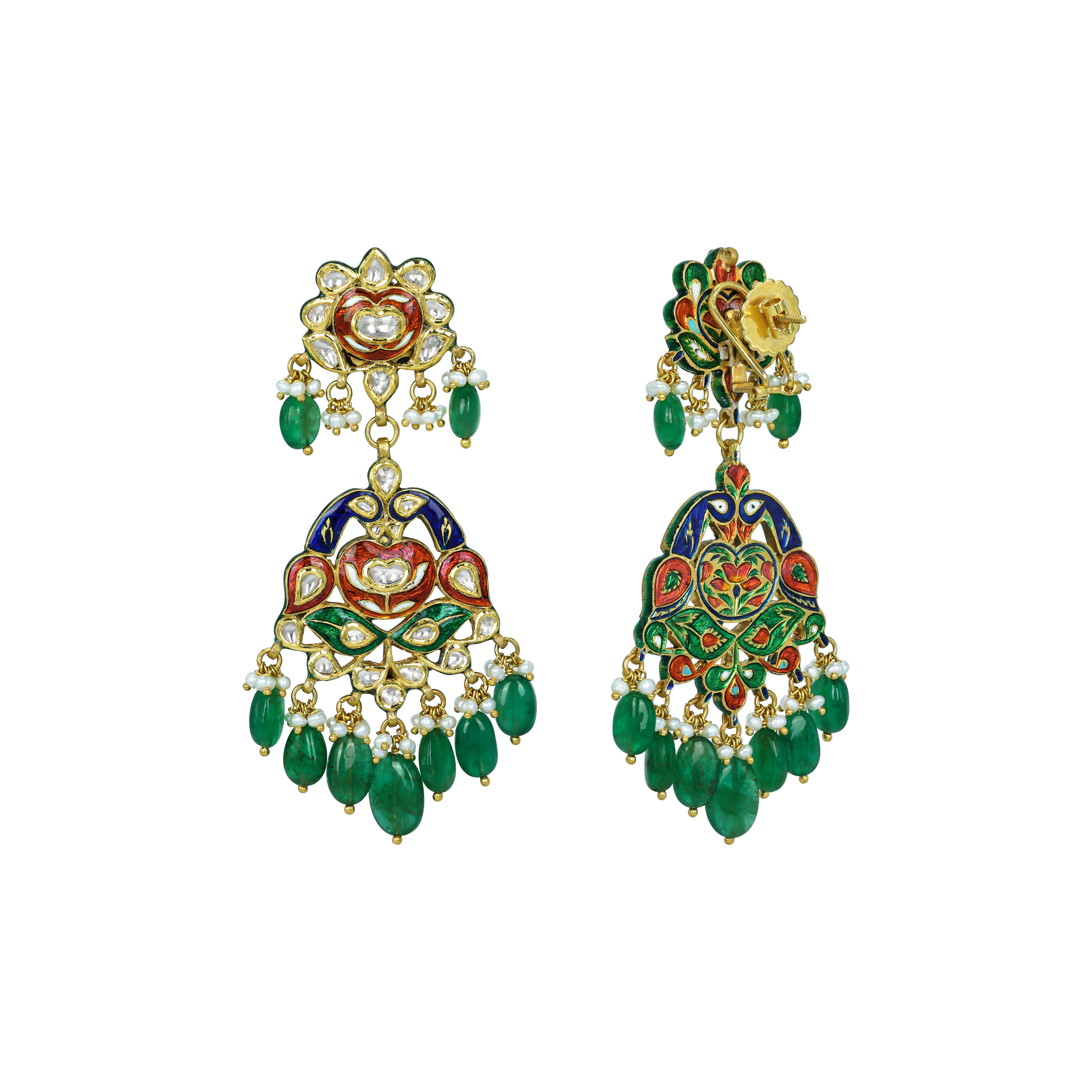 Peacock Enamel Earrings with Polki Diamonds and Emerald Drops