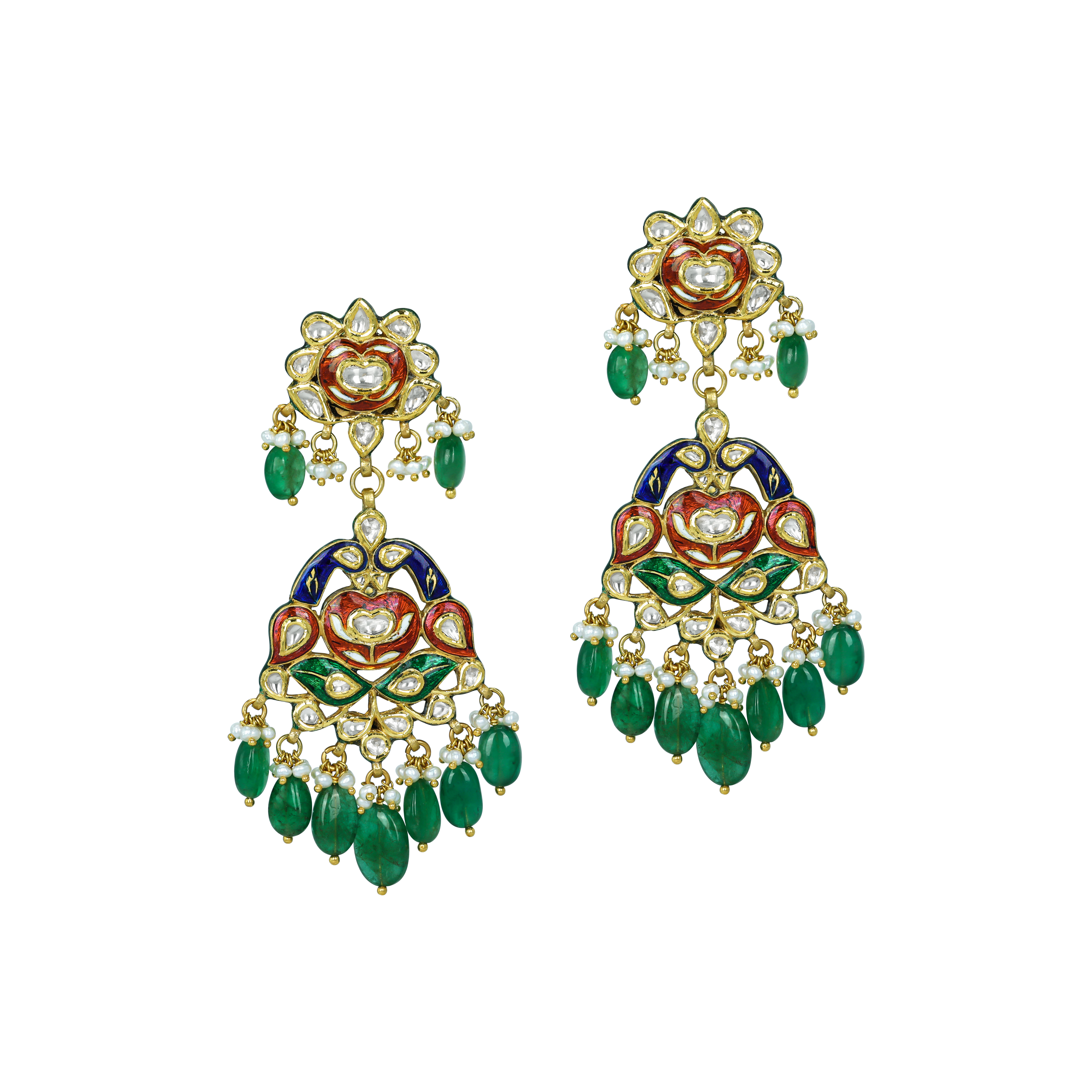 Peacock Enamel Earrings with Polki Diamonds and Emerald Drops