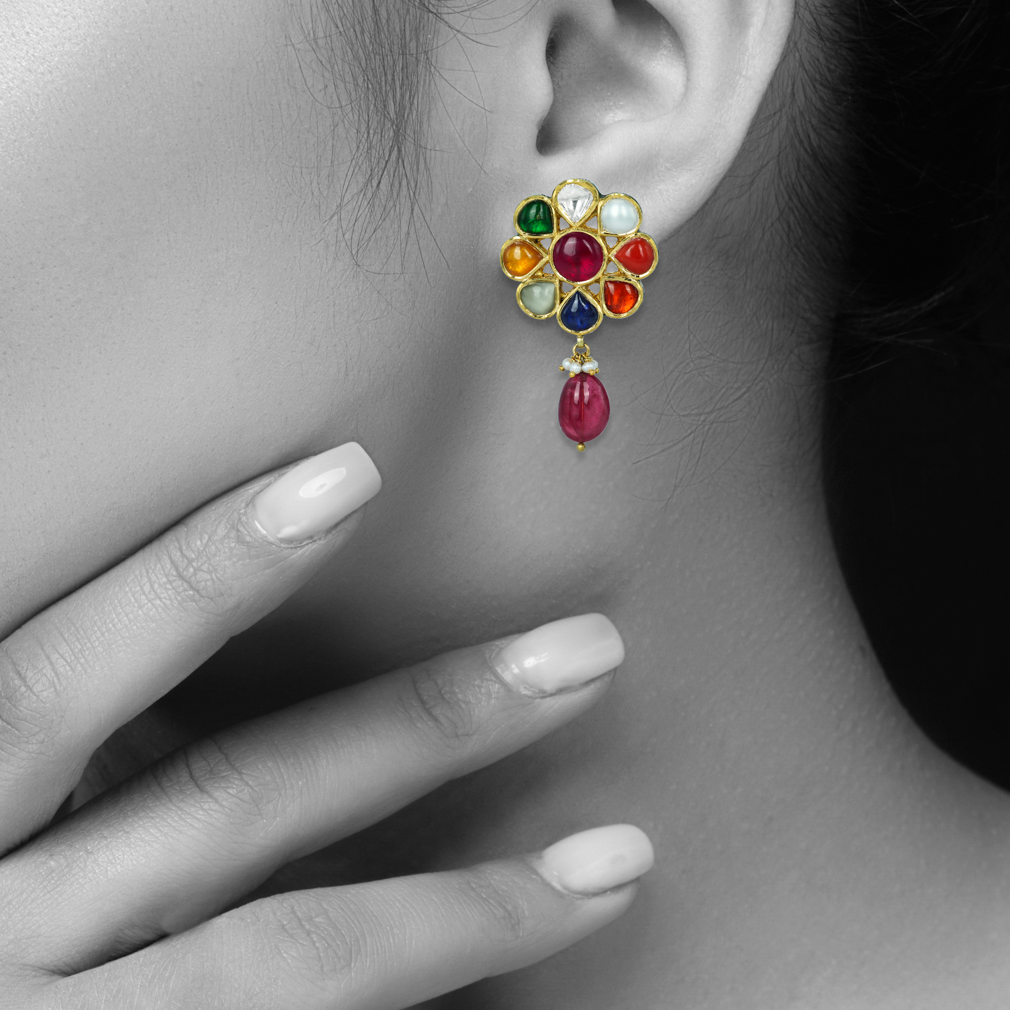 Navratan Floral Earrings with Ruby Drops