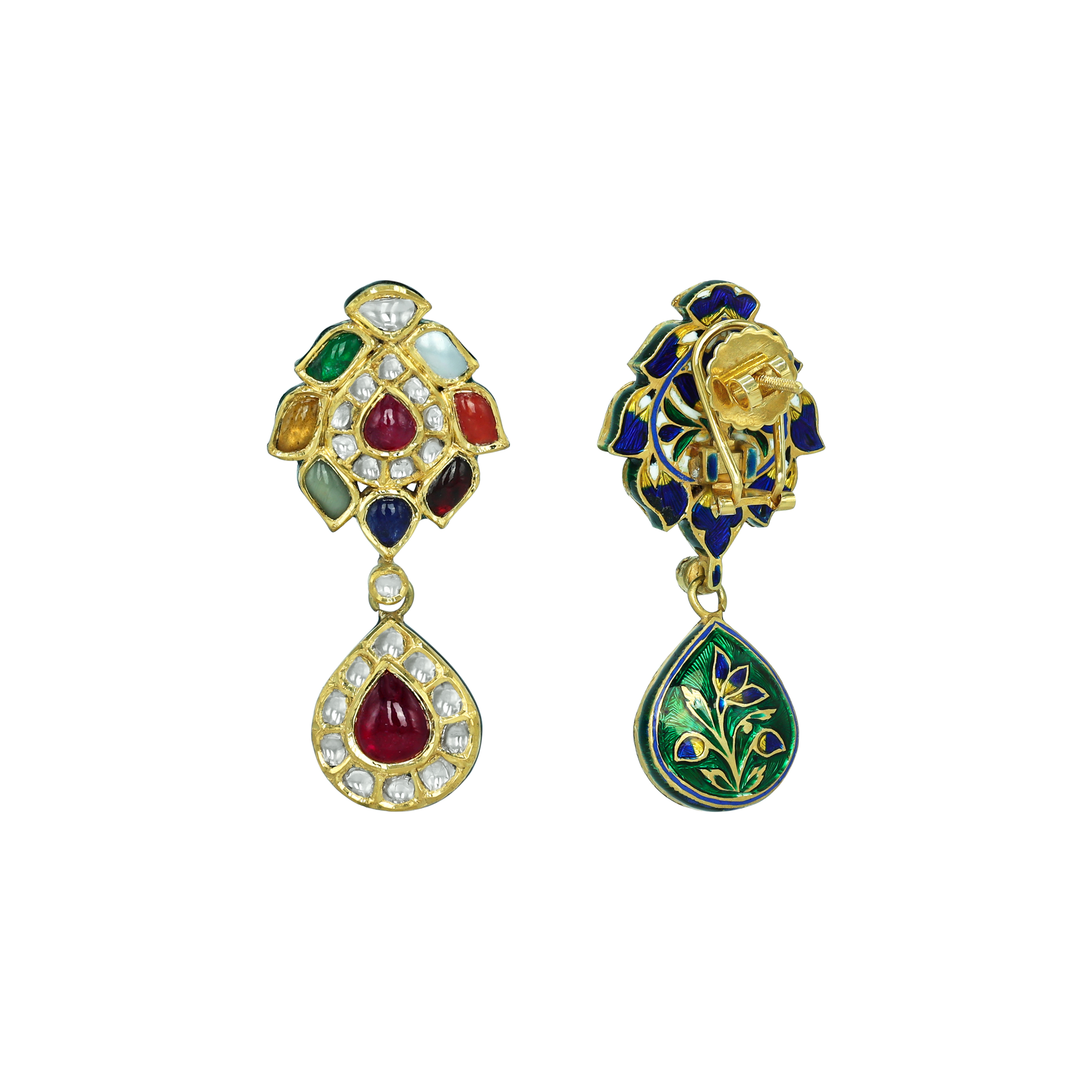 Navaratan Earrings with Ruby Drops and Polkis