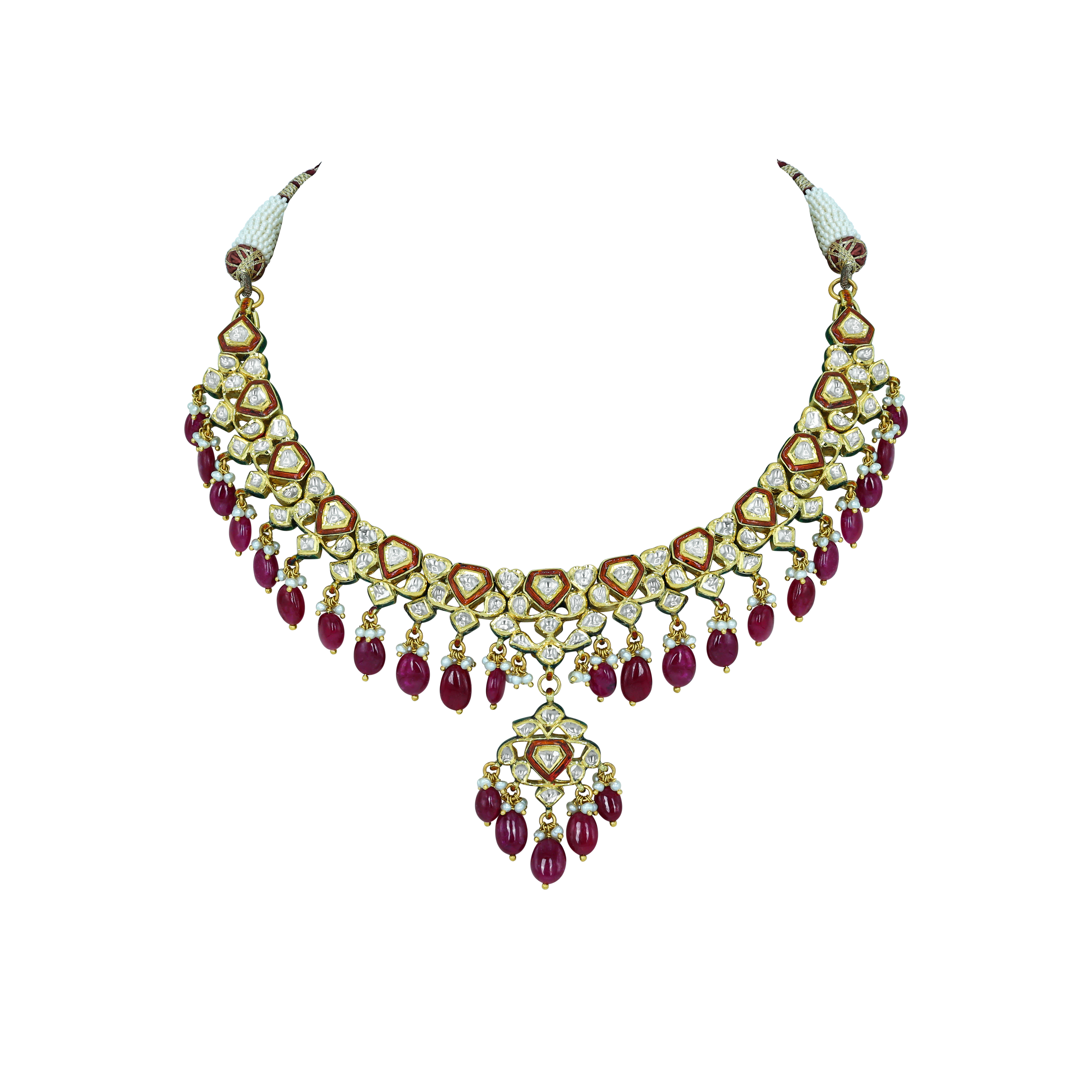 Polki Necklace with Ruby Drops and Red Enamel