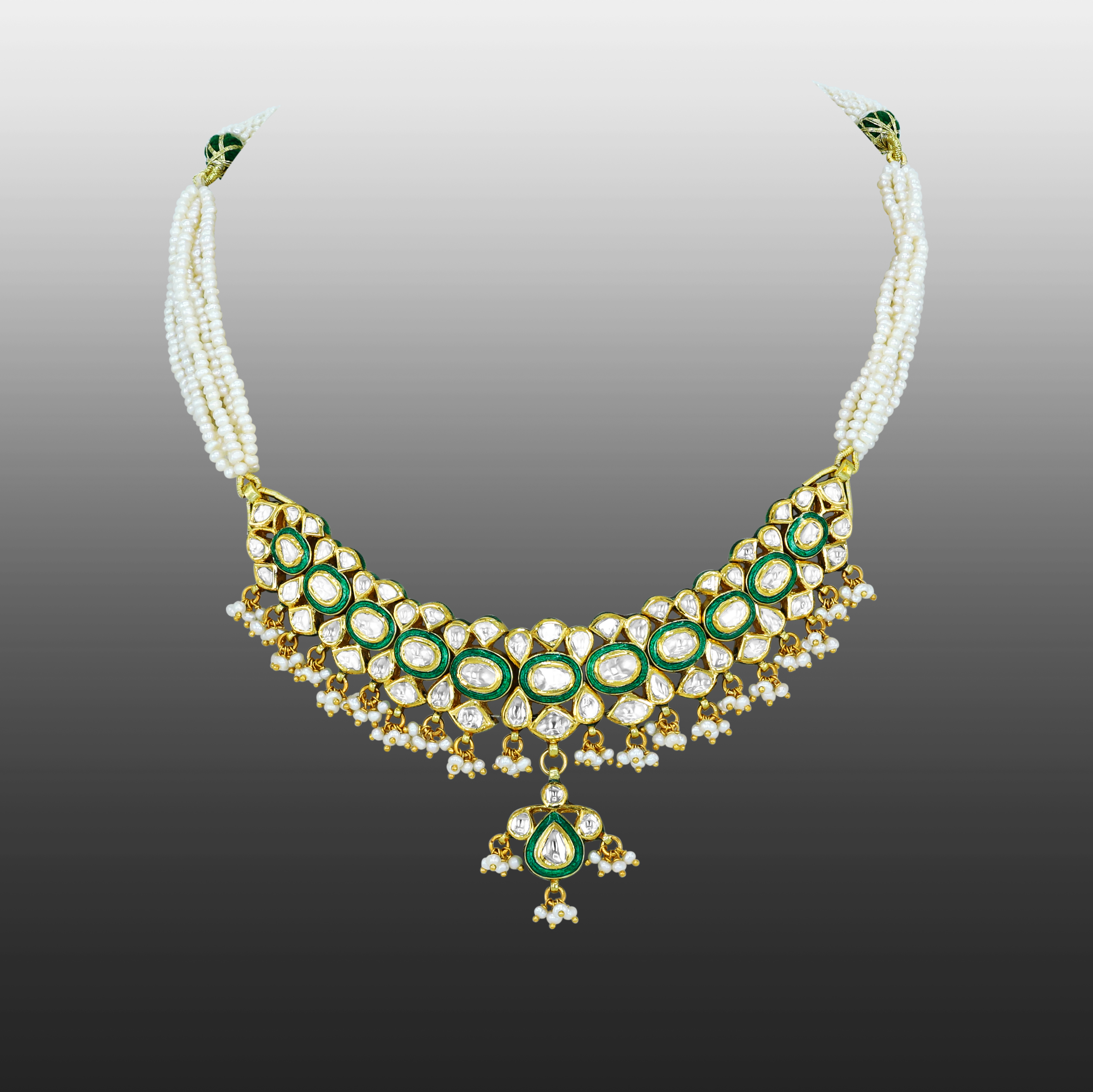 Polki Necklace with Green Enamel and Pearls