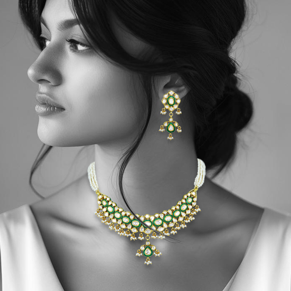 Polki Necklace with Green Enamel and Pearls