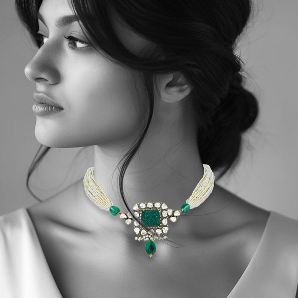 Carved Emerald Polki Choker with Pearl Strands and Emerald Drop