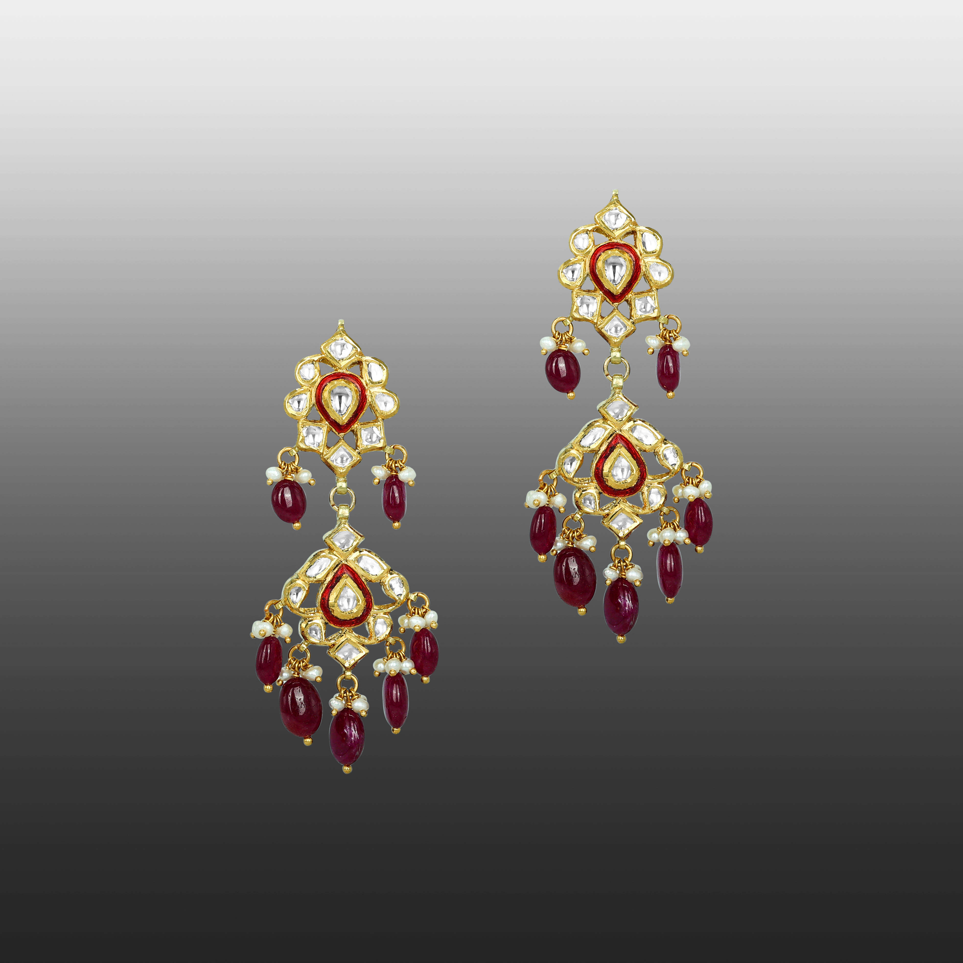 Polki Earrings with Ruby Drops and Dual Enamel Motifs