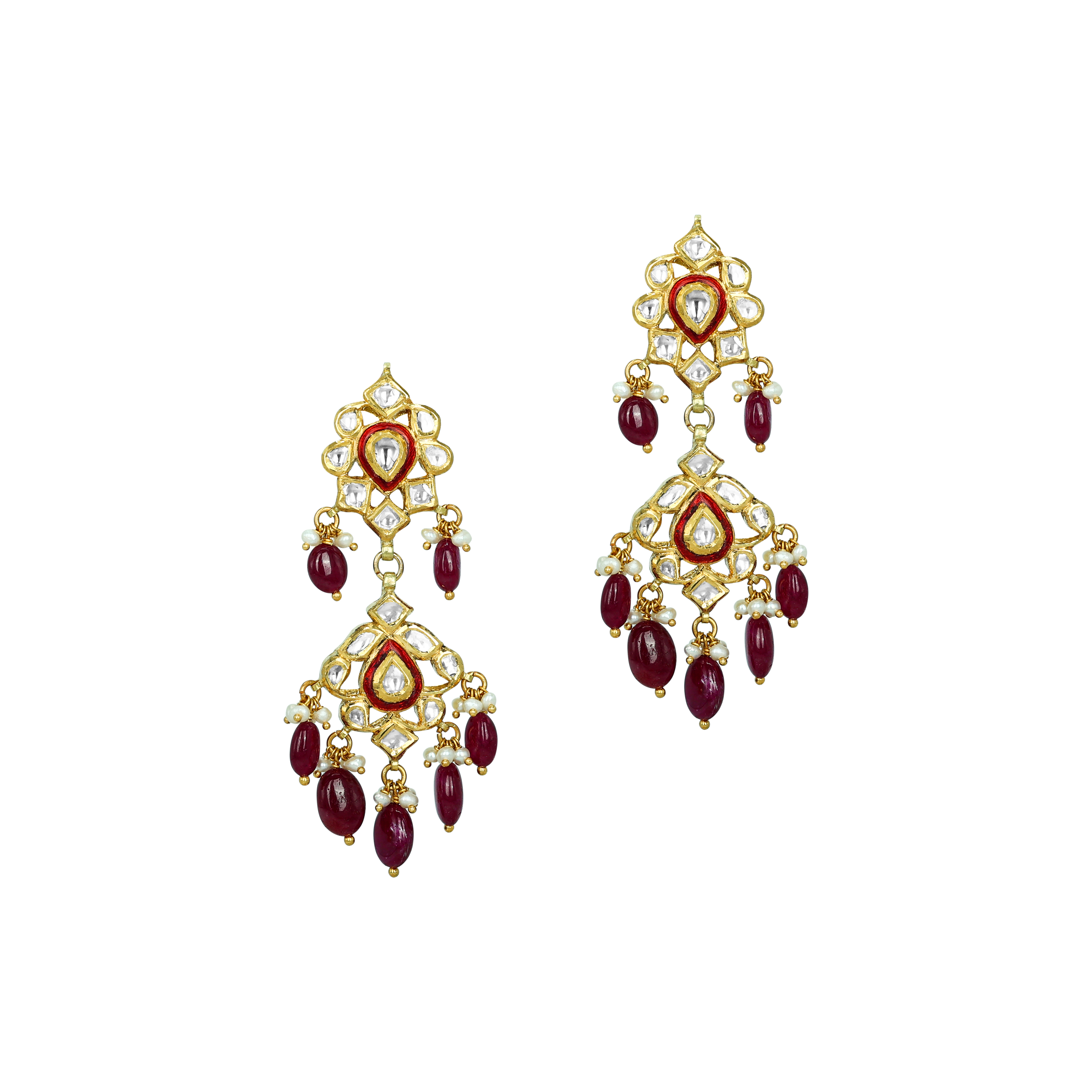 Polki Earrings with Ruby Drops and Dual Enamel Motifs