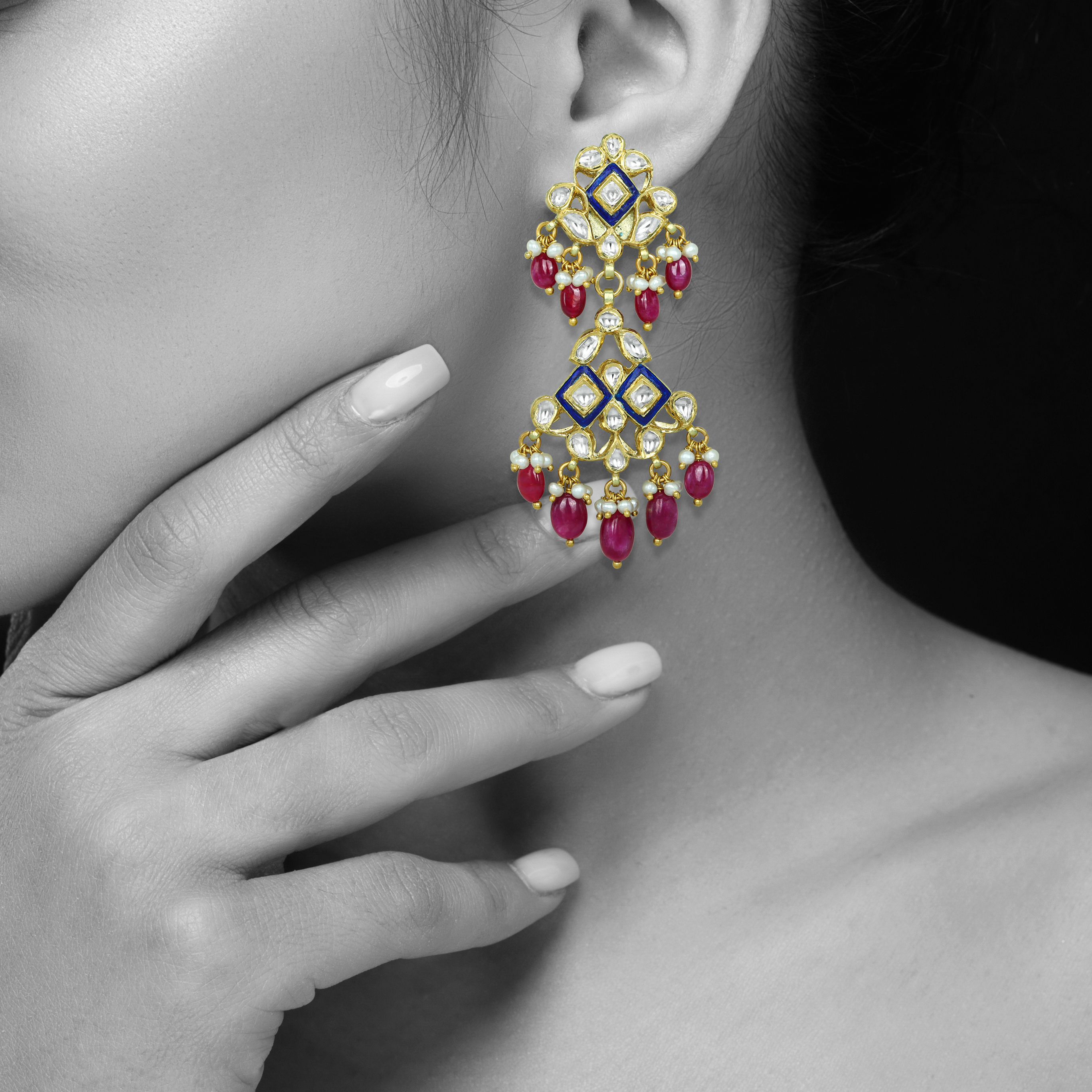 Cascading Polki Earrings with Blue Enamel, Ruby, and Pearls