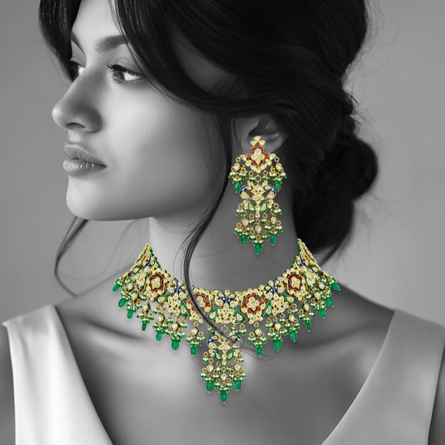 Floral Polki Necklace with Emerald Drops and Enamel