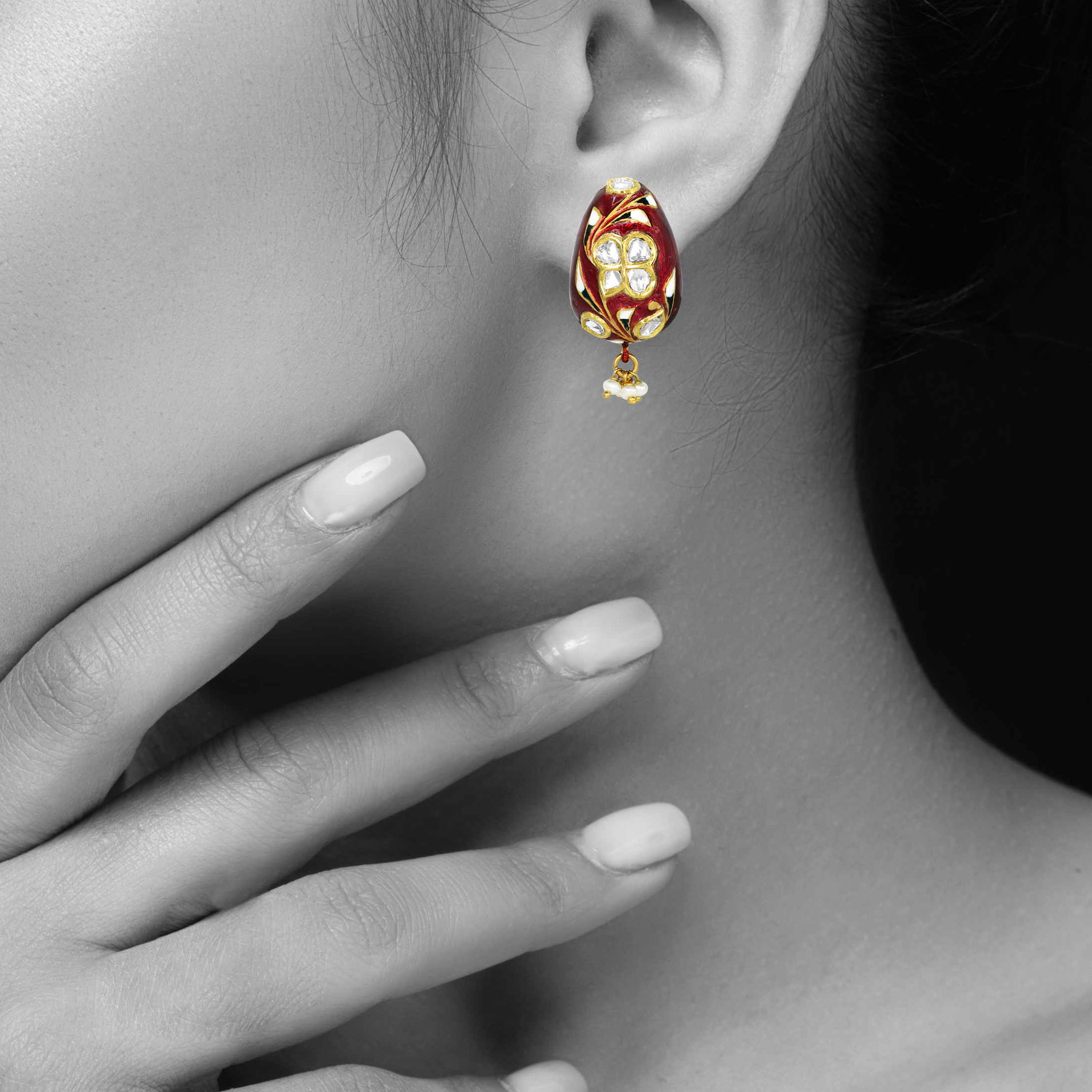 Polki Hasli Necklace Set with Red Enamel and Pearl Beads