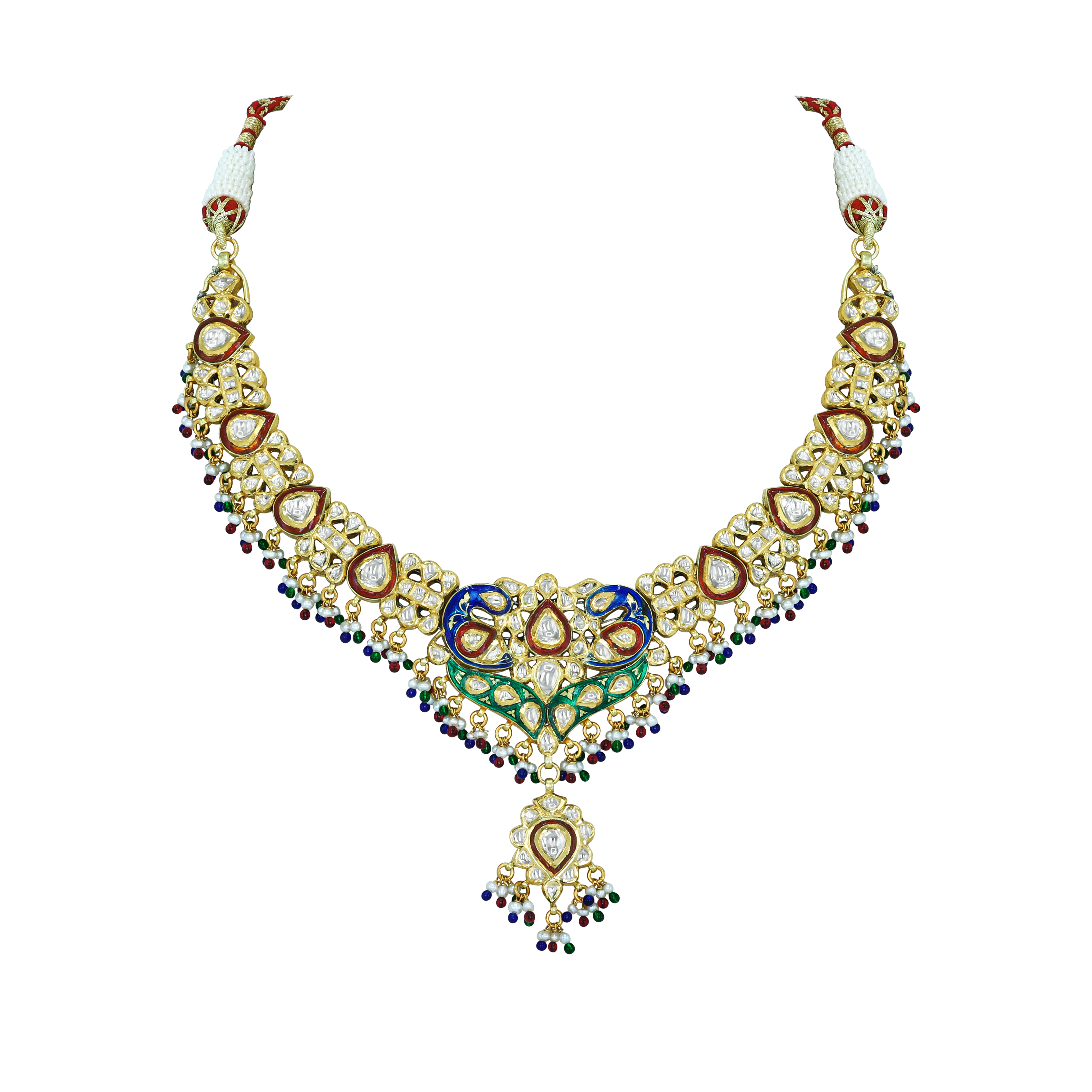 Polki Necklace with Enamel Peacock Motifs and Beads