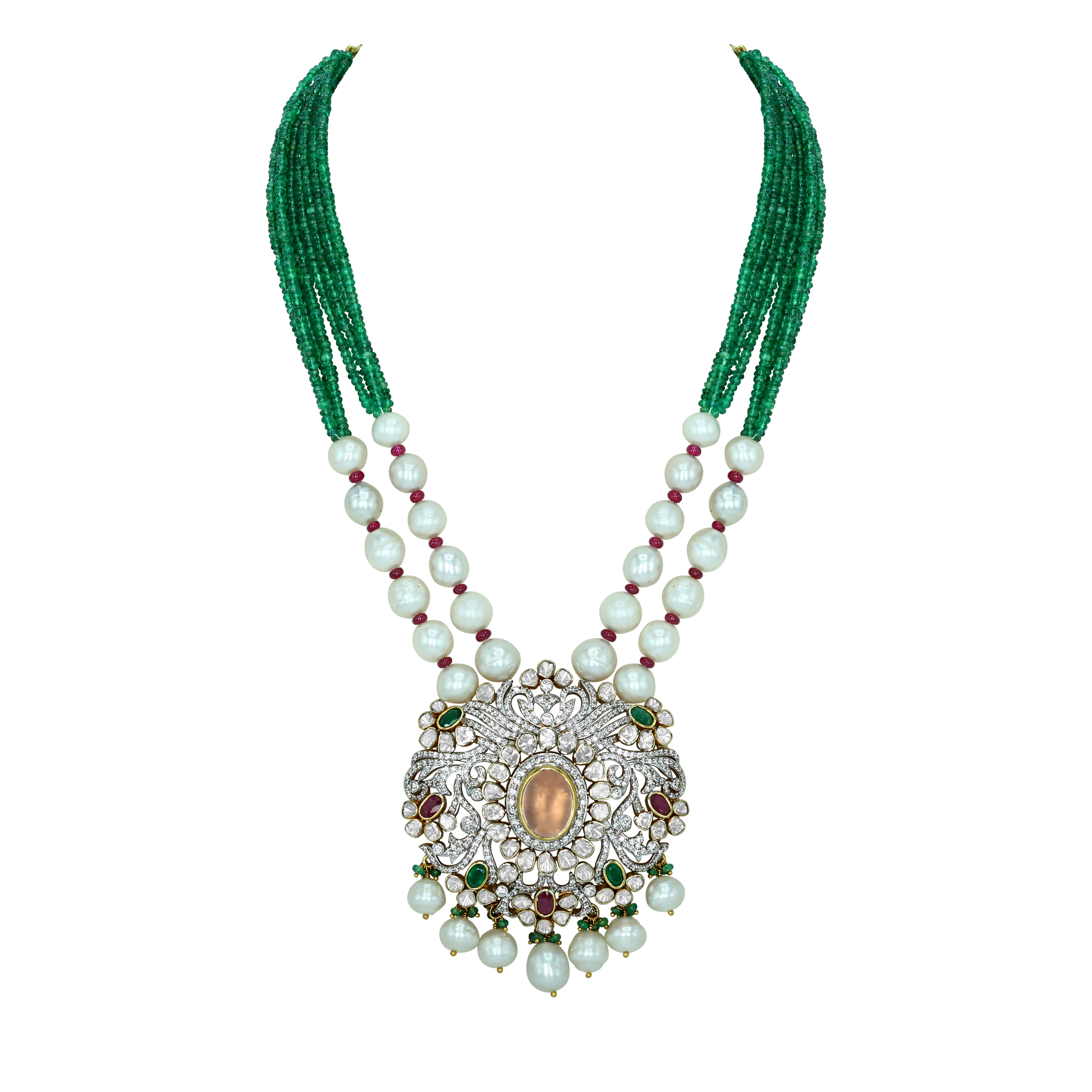 Grand Gemstone Necklace with Green Beads and Pearls