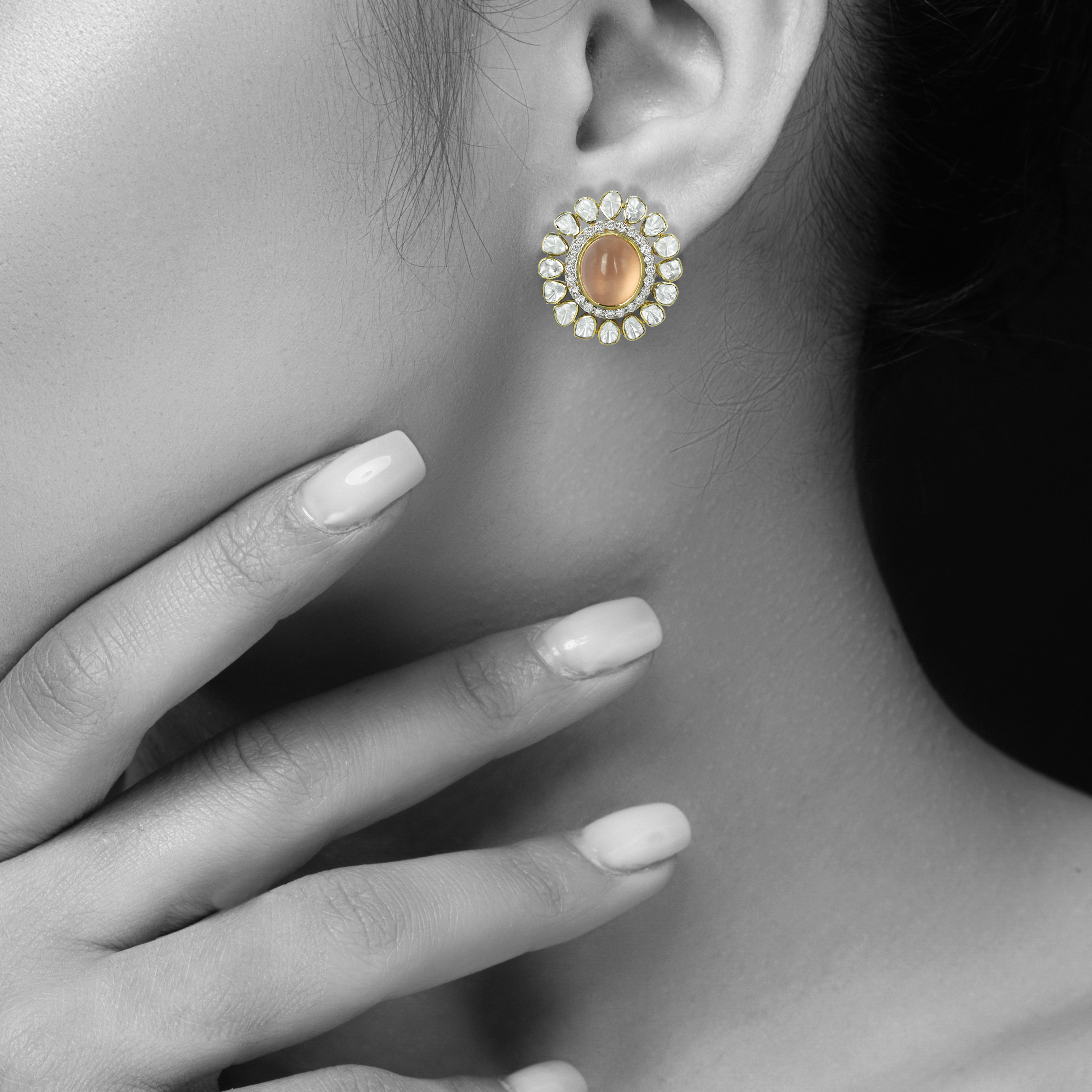 Peach Cabochon Earrings with Open Polki Halo Design