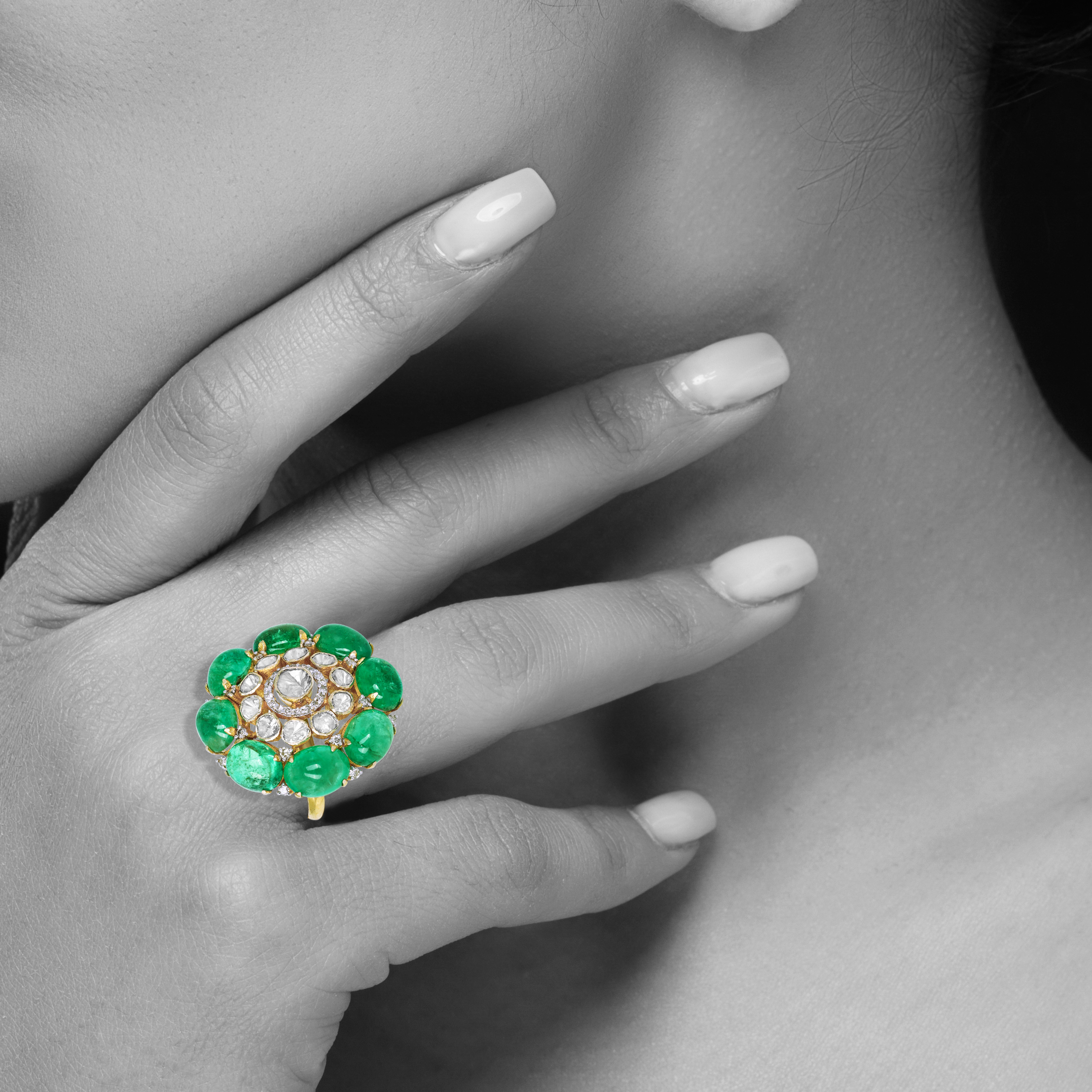 Floral Ring with Emerald Petals , Diamonds and Polki