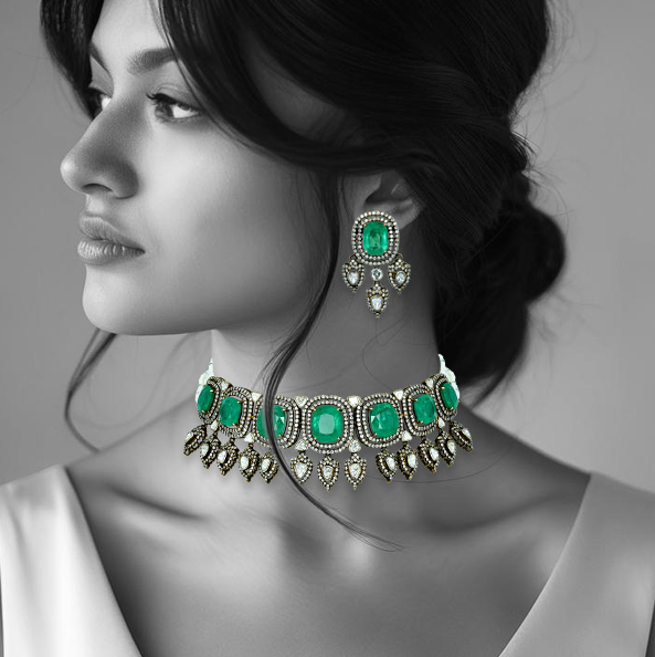 Antique Emerald Necklace Set with Diamond Halos and Teardrops