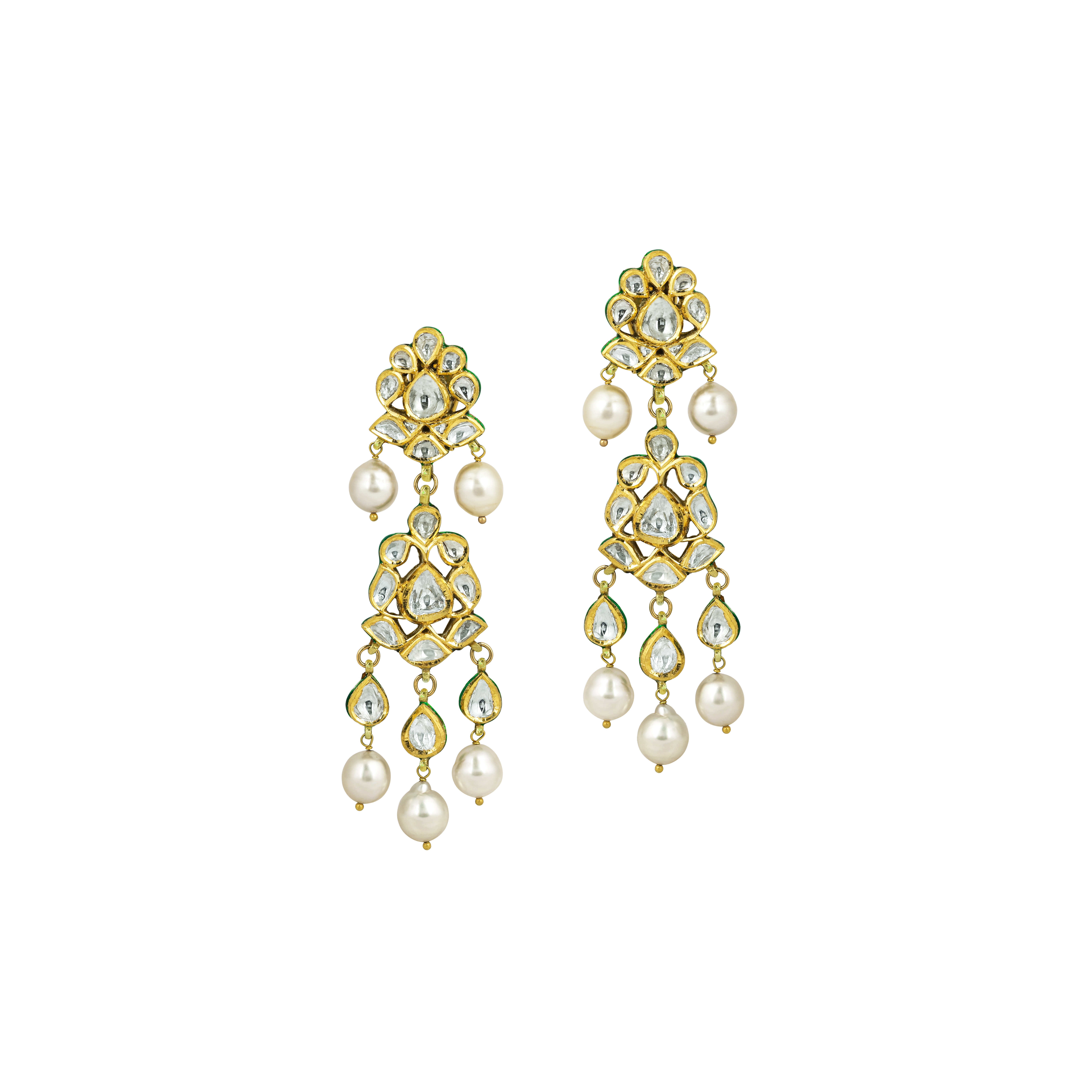 Gold Polki Earrings with Pearls and Cascading Layers