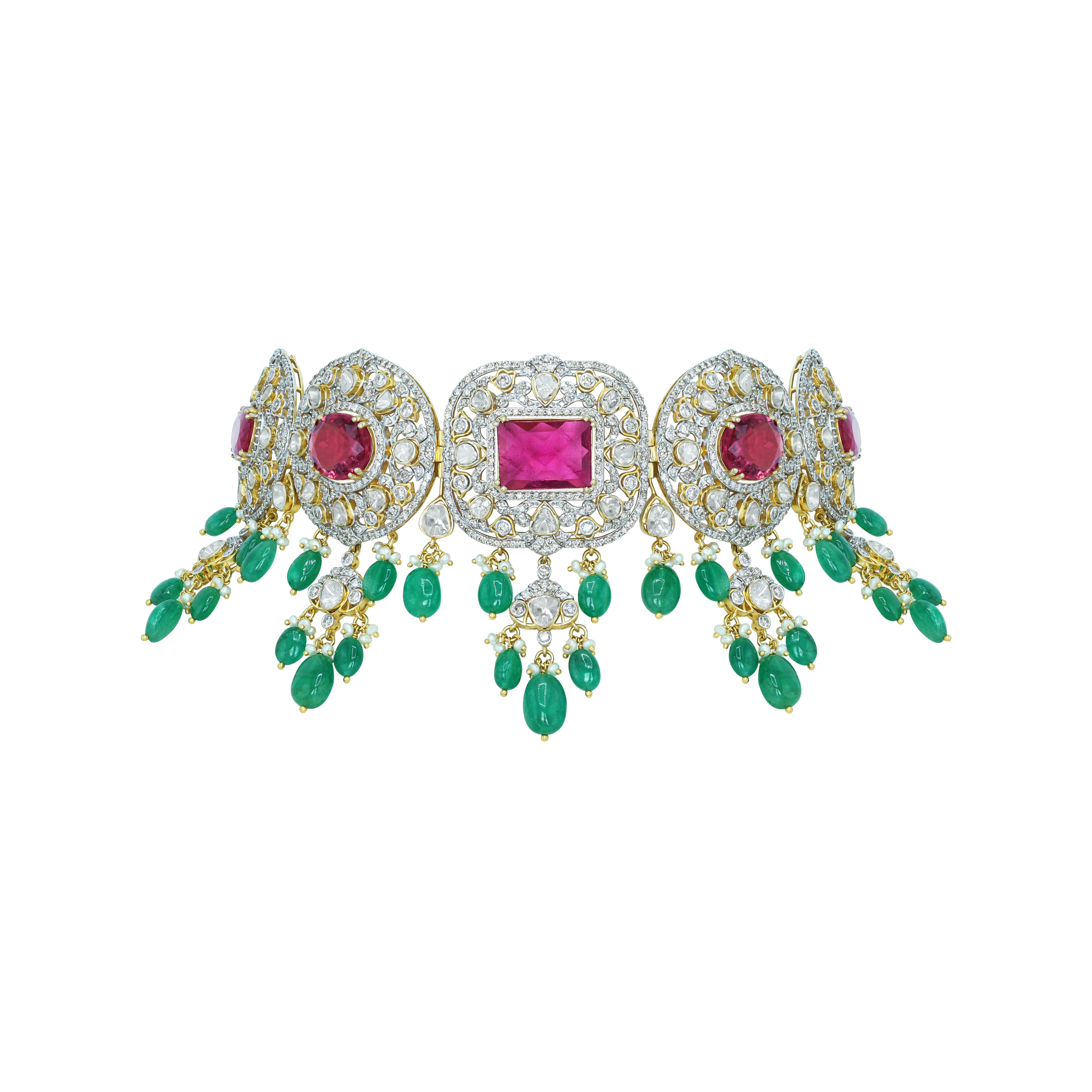 Tourmaline Choker with Polki Diamonds, Emerald Drops, and Pearls
