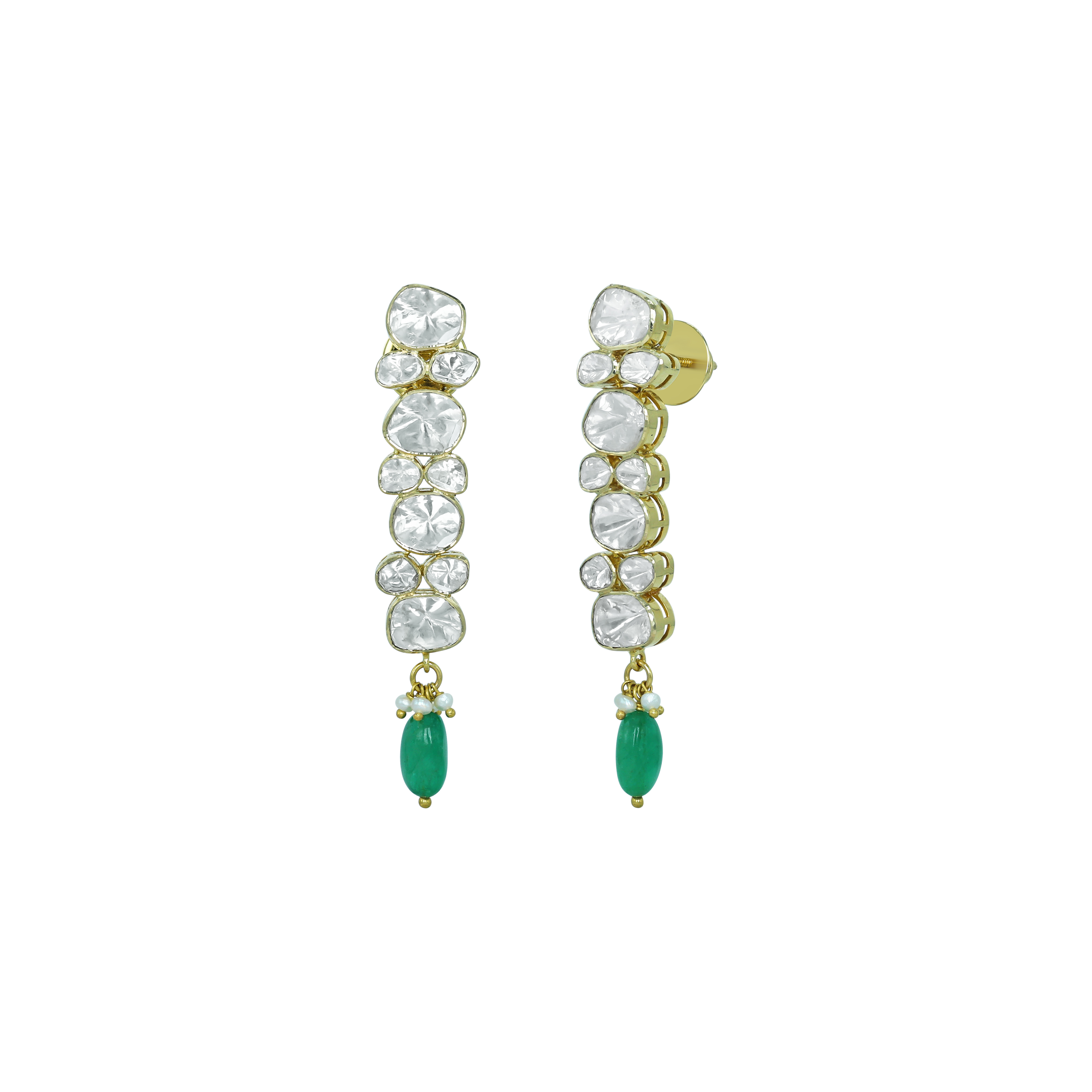 Polki Diamond Earrings with Single Emerald Drop