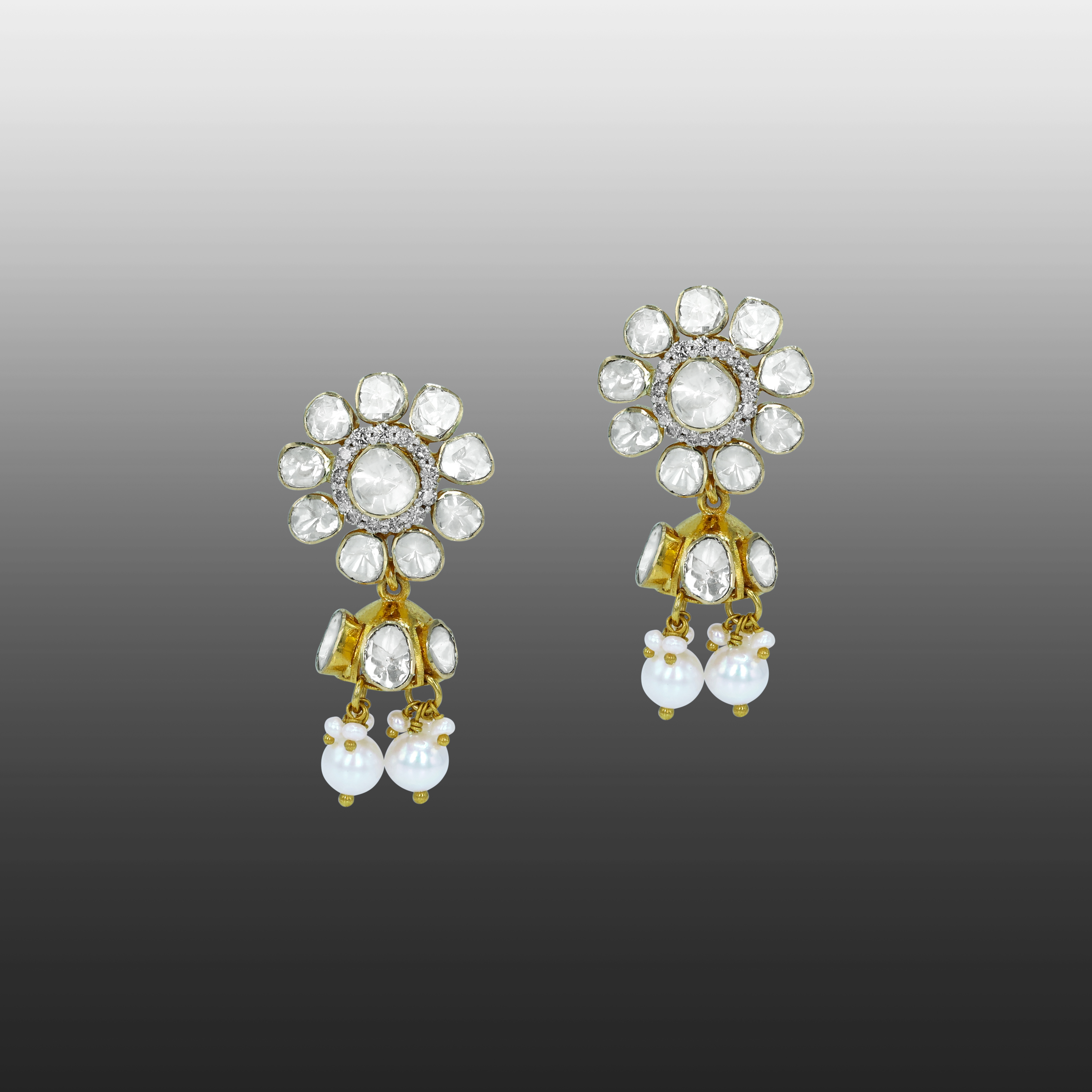 Blooming Polki Diamond Earrings with Graceful Pearl Drops