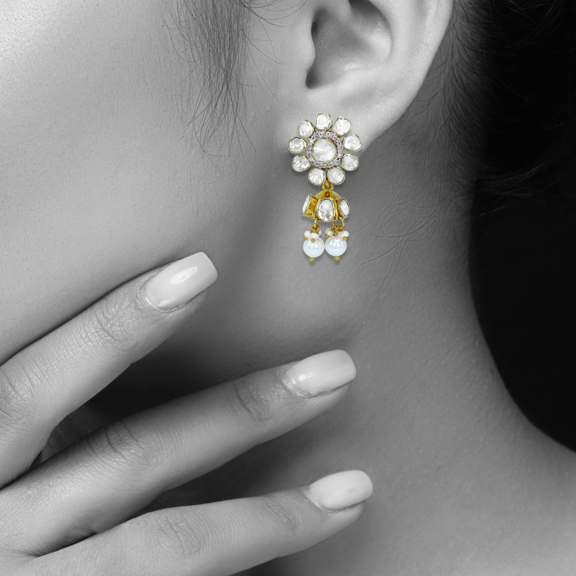 Blooming Polki Diamond Earrings with Graceful Pearl Drops