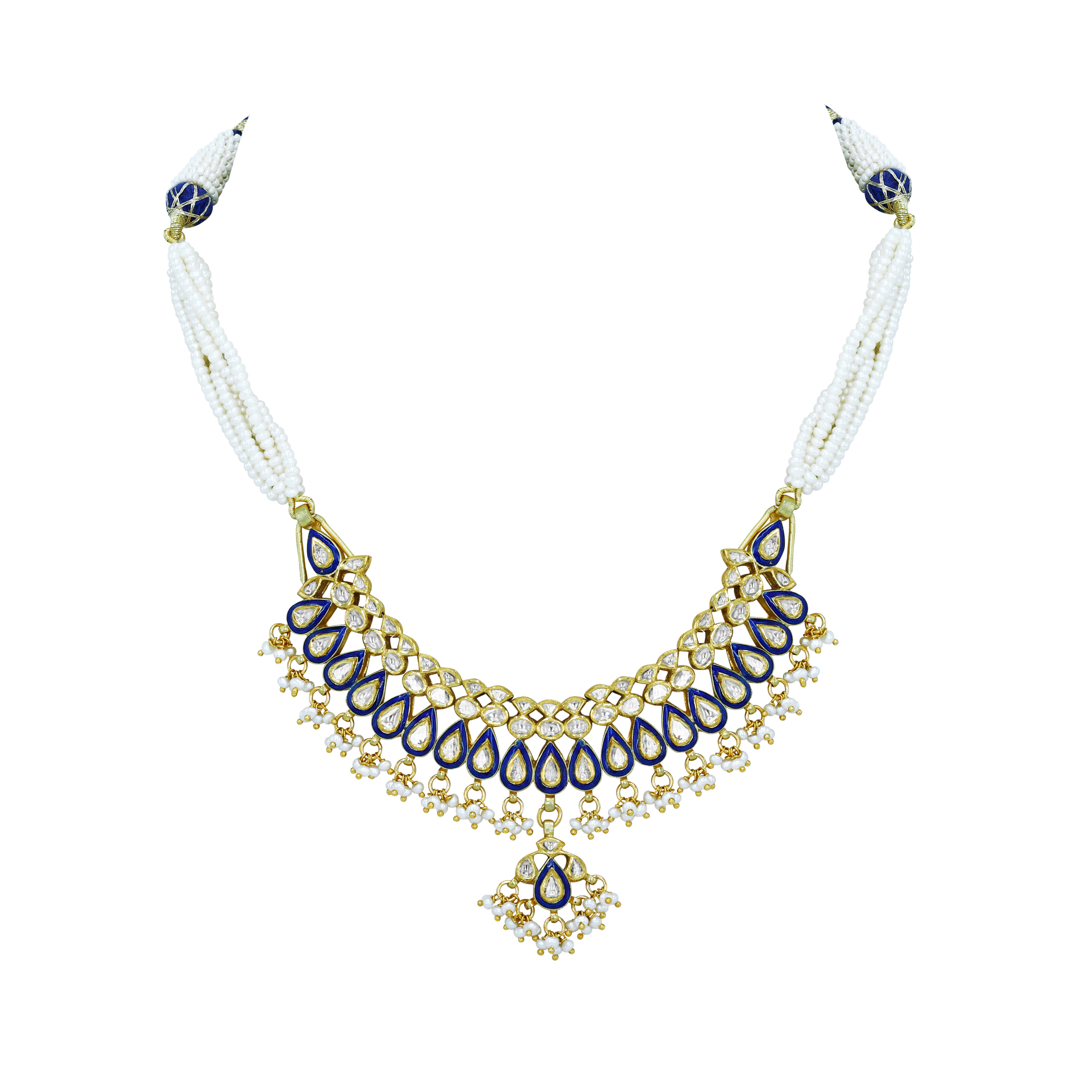 Blue Enamel Teardrop Necklace with Pearls and Fringe Details