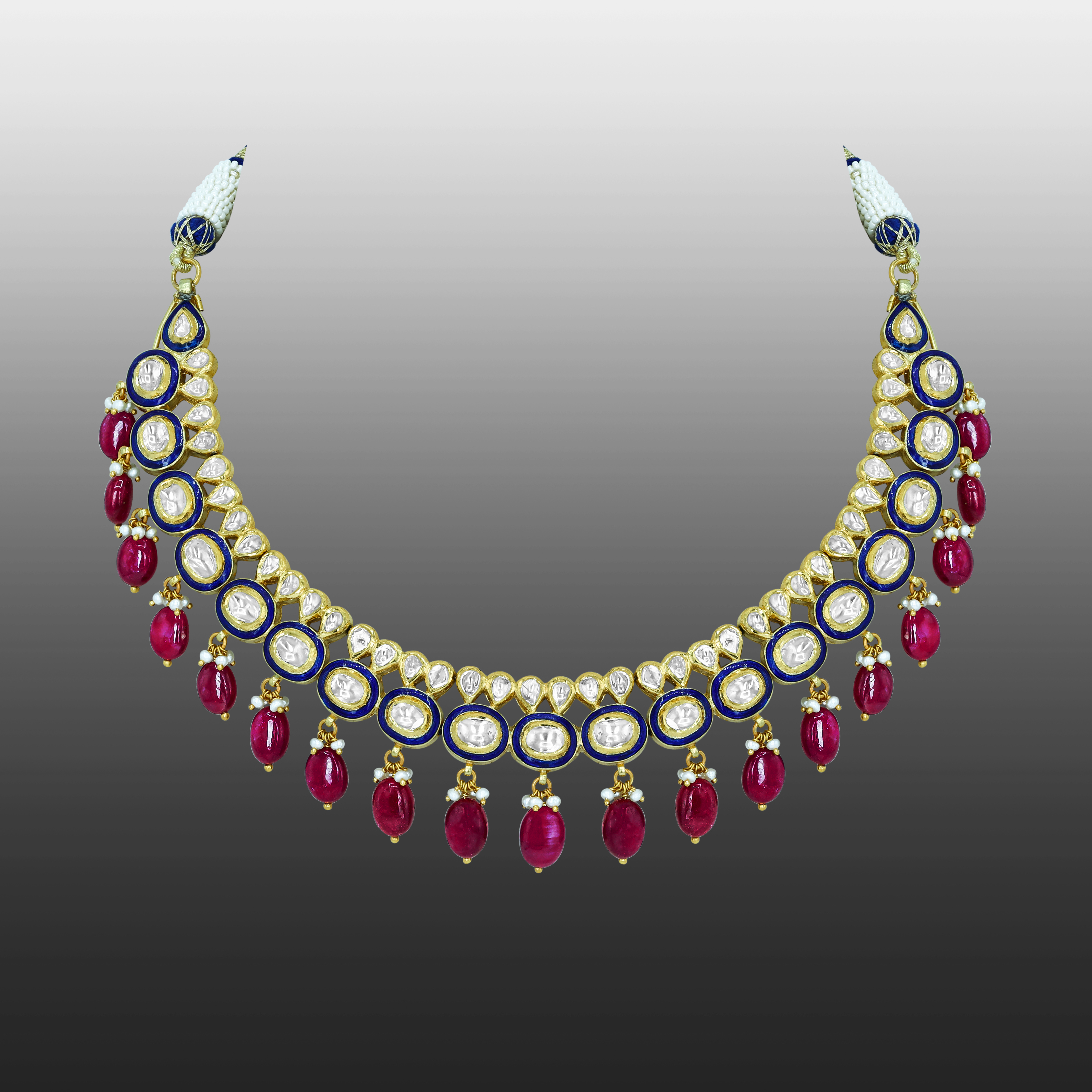 Blue Enamel Necklace with Polki Diamonds, Pearls, and Ruby Drops