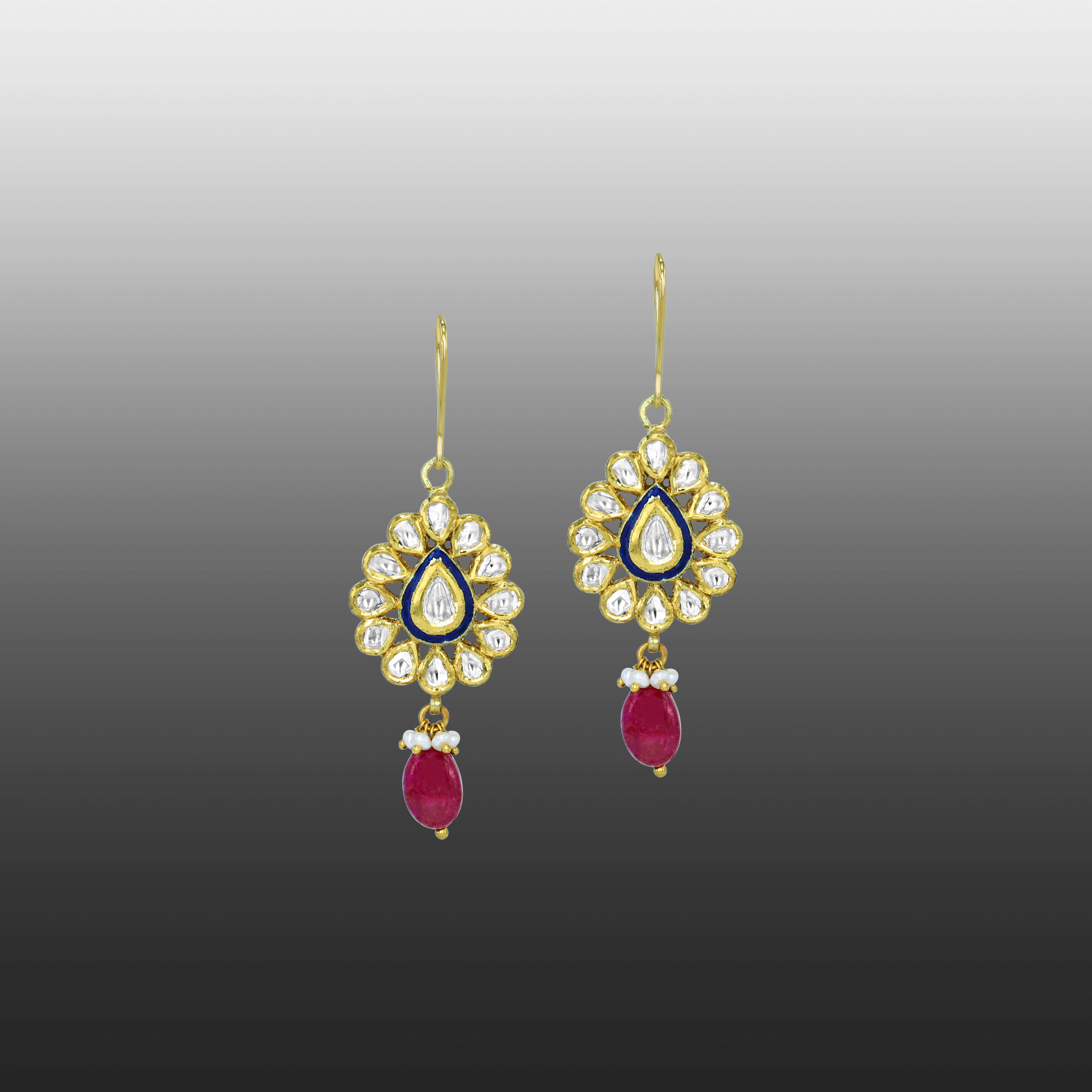 Floral Polki Earrings with Blue Enamel and Ruby Bead Drops